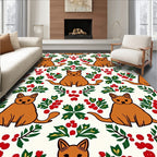 Whimsical Brown Cat Holly Berry Rug