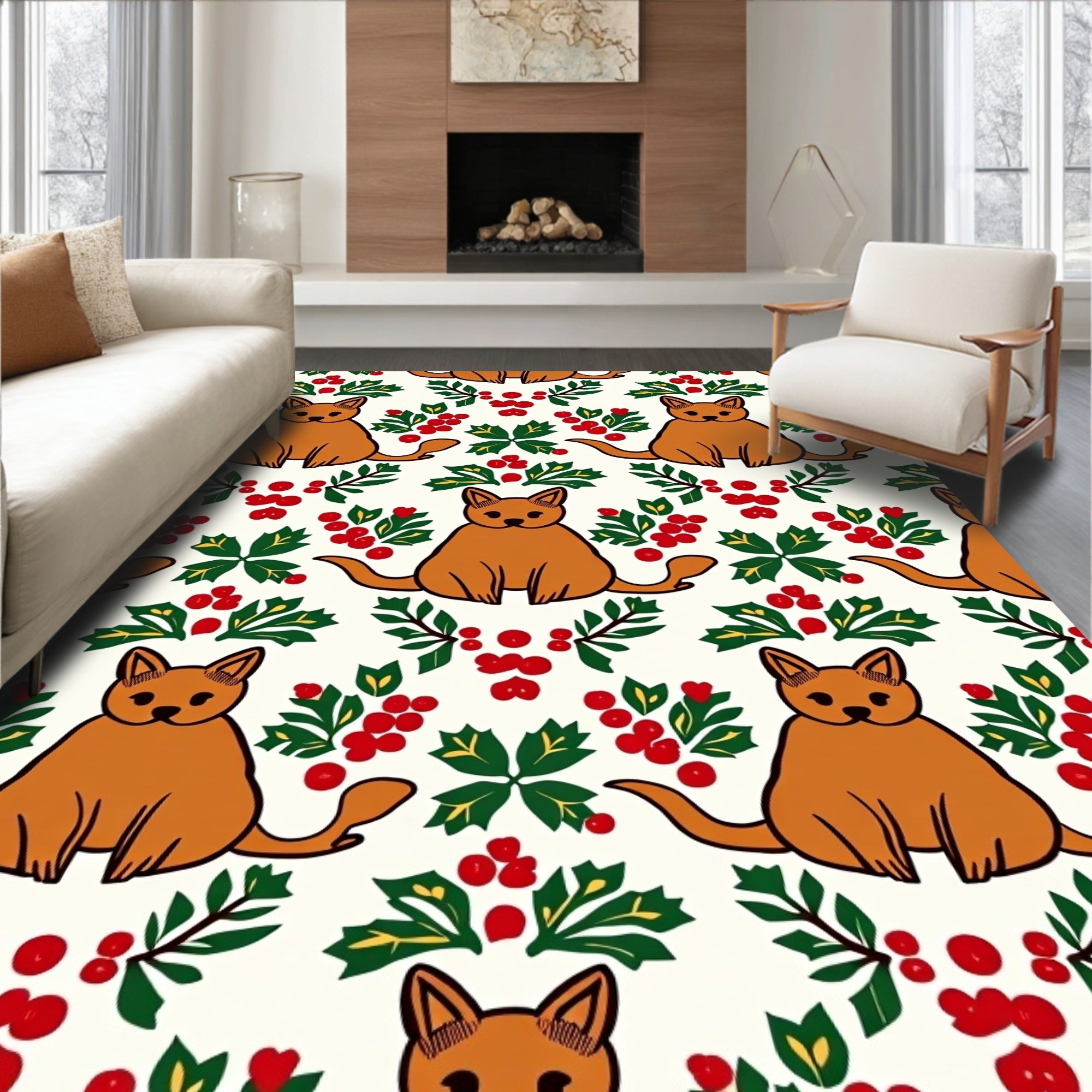 Whimsical Brown Cat Holly Berry Rug