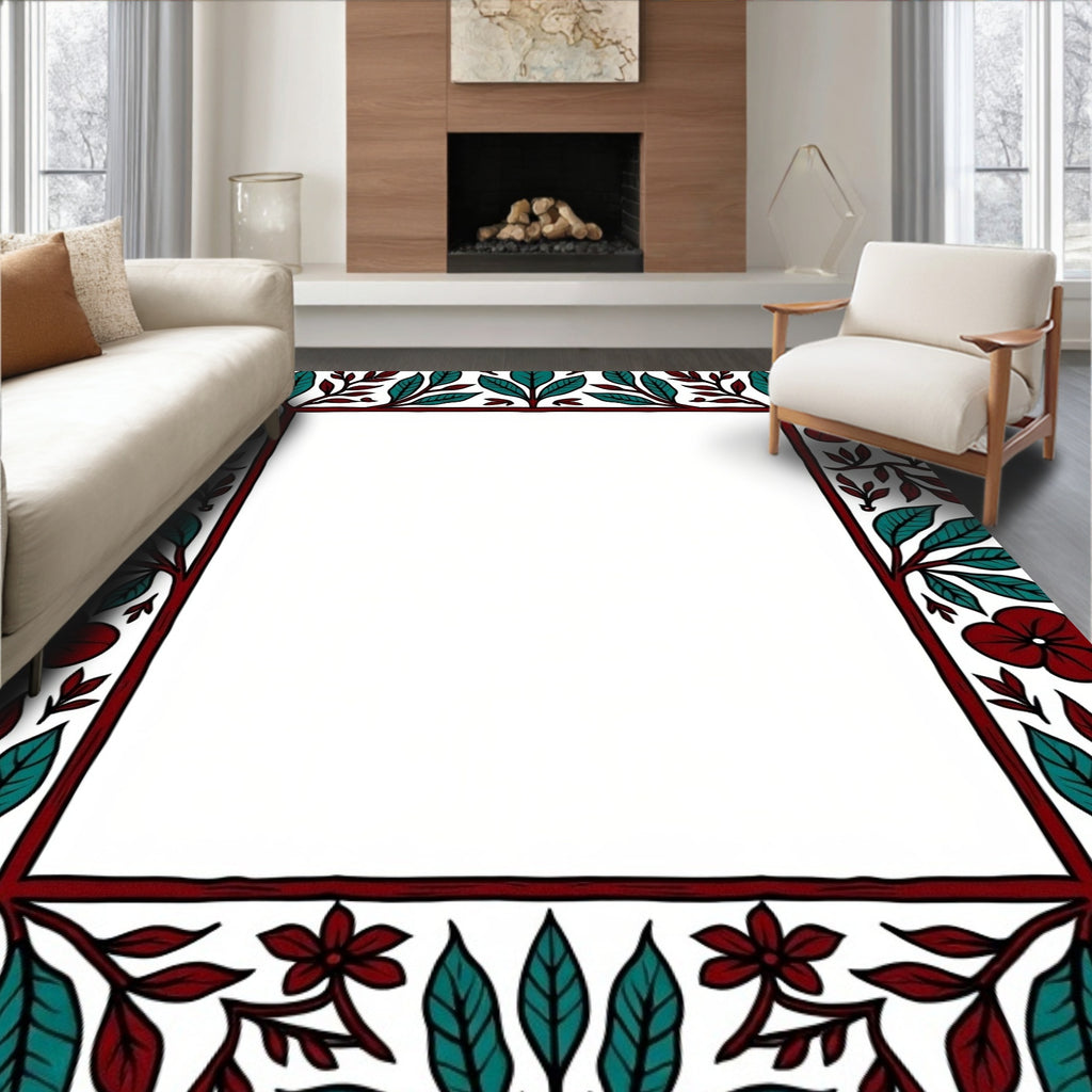 Deep Red Teak Floral Border Rug
