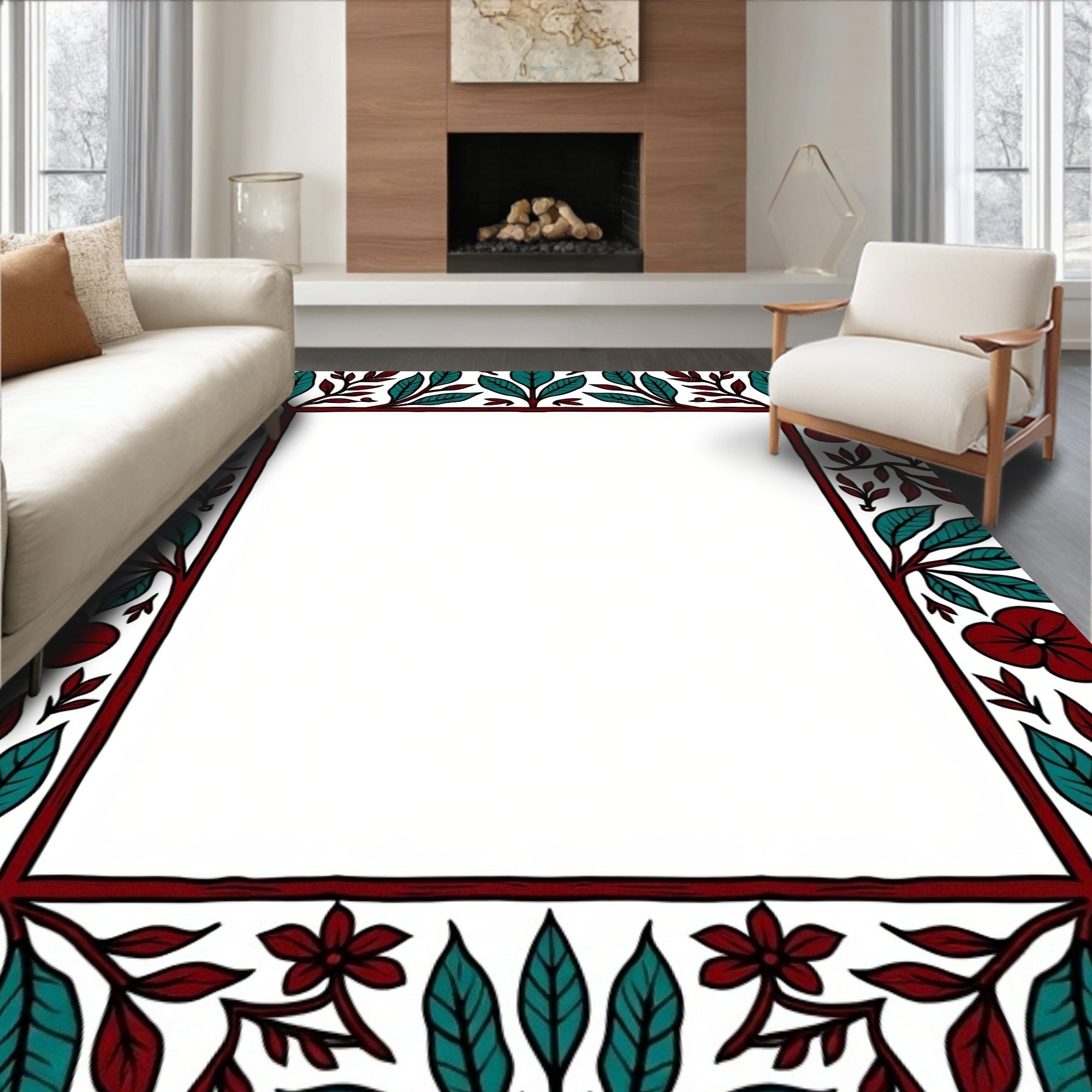 Deep Red Teak Floral Border Rug