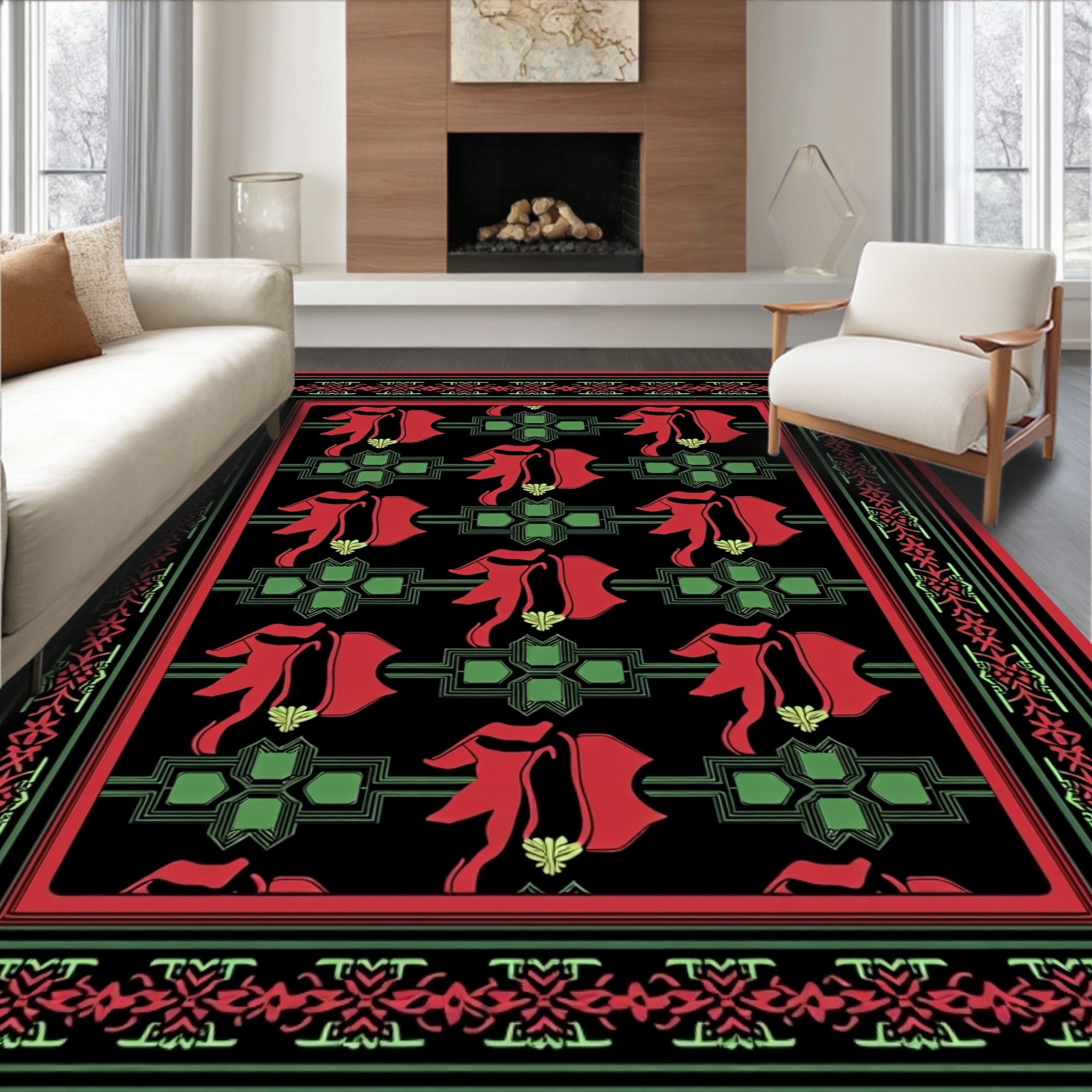 Crimson Red Green Floral Border Art Rug