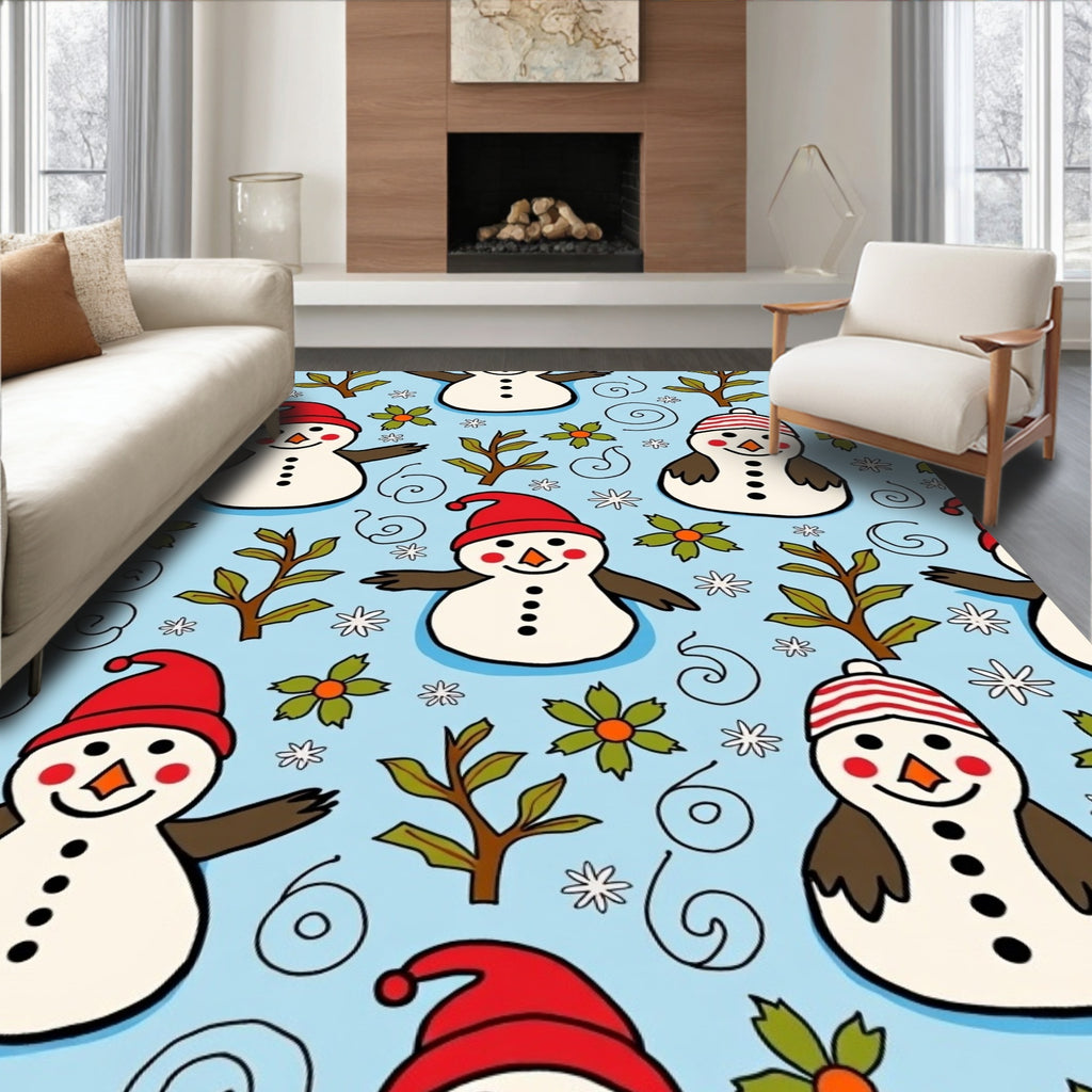 Whimsical Snowman Red Hat Floral Rug