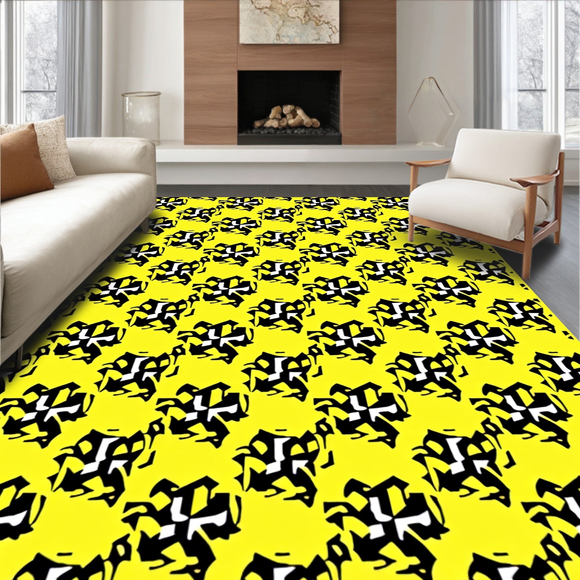 Bold Black White Abstract Yellow Rug