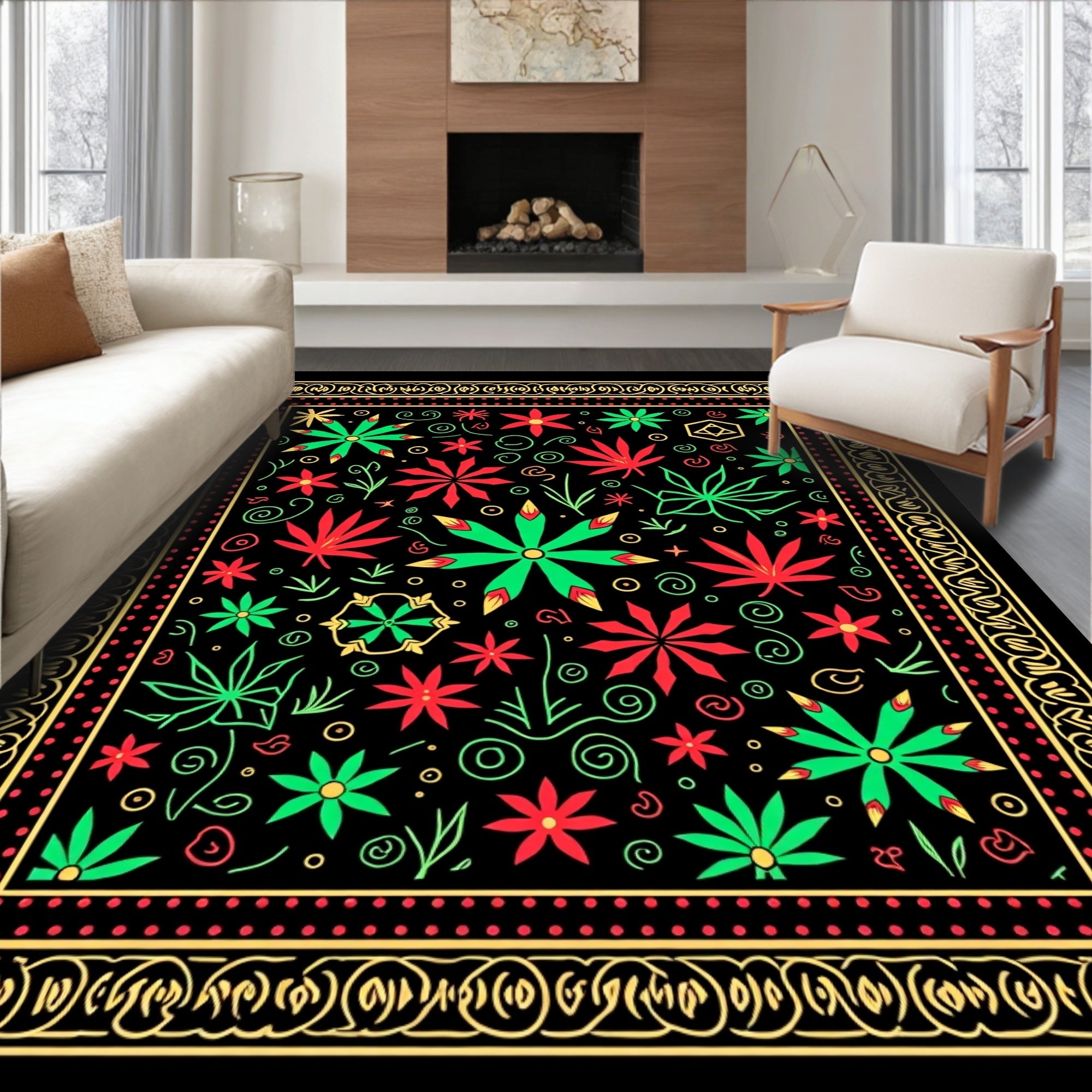 Vibrant Red Green Floral Border Rug