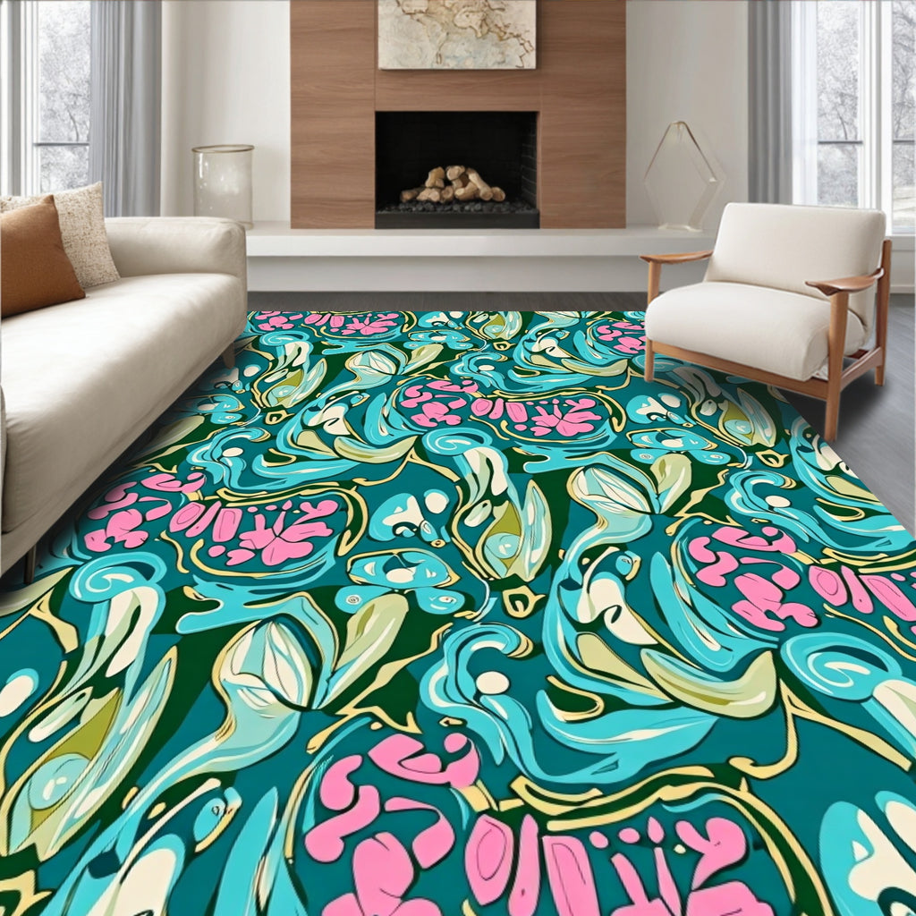 Teal Pink Abstract Organic Swirl Rug