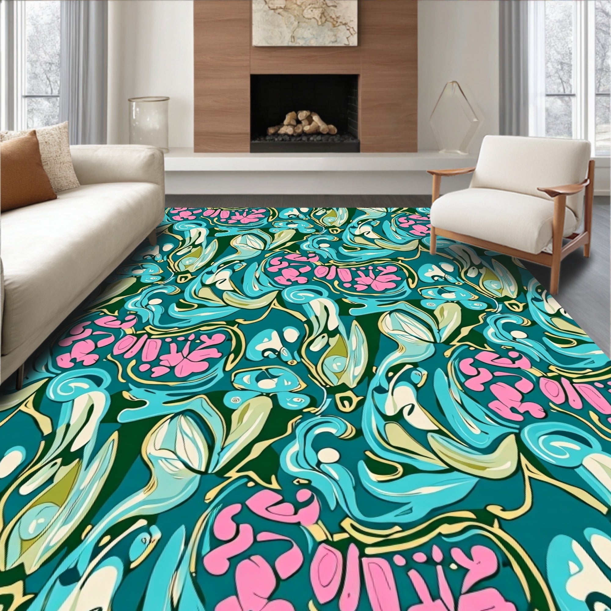 Teal Pink Abstract Organic Swirl Rug