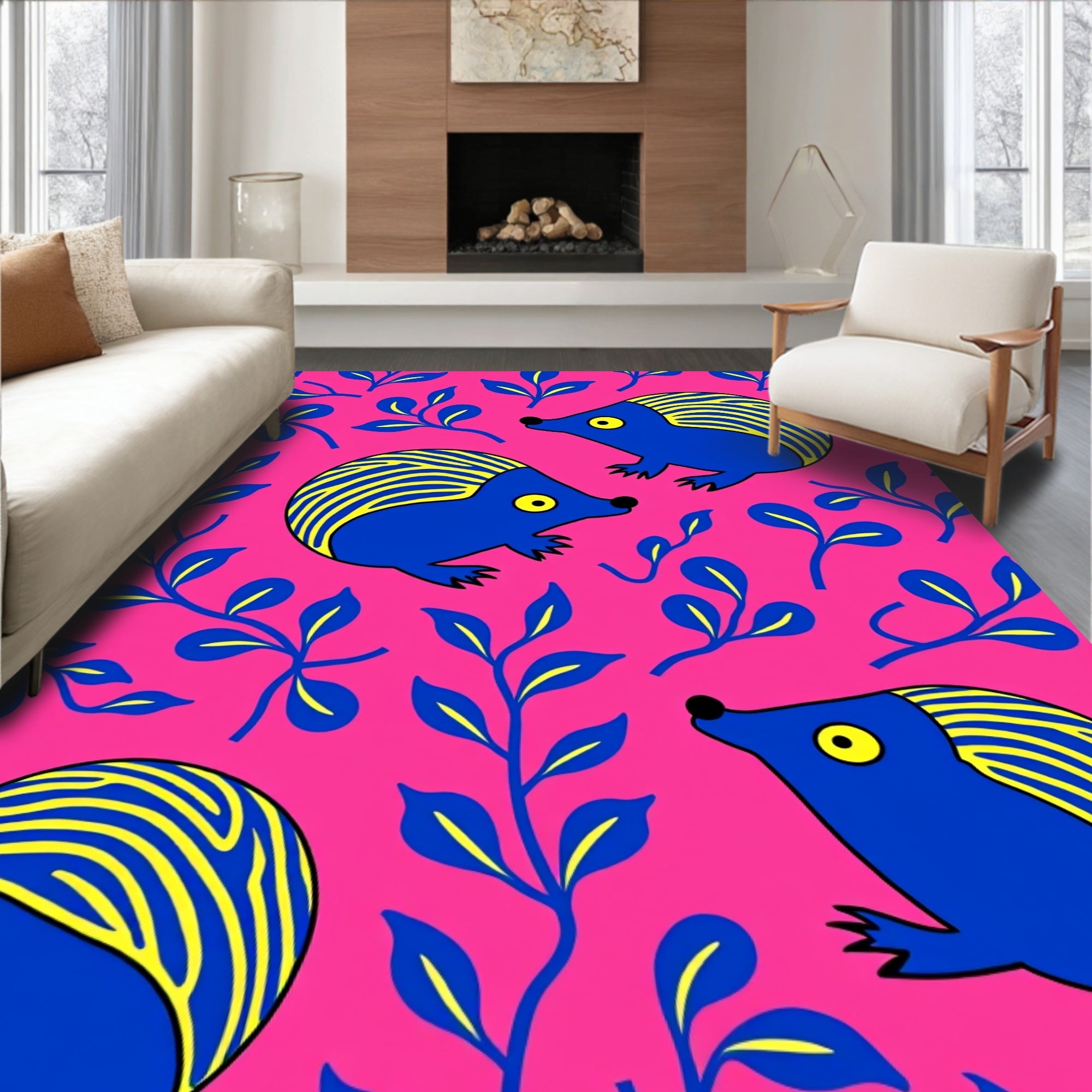 Blue Yellow Hedgehog Garden Scene Rug
