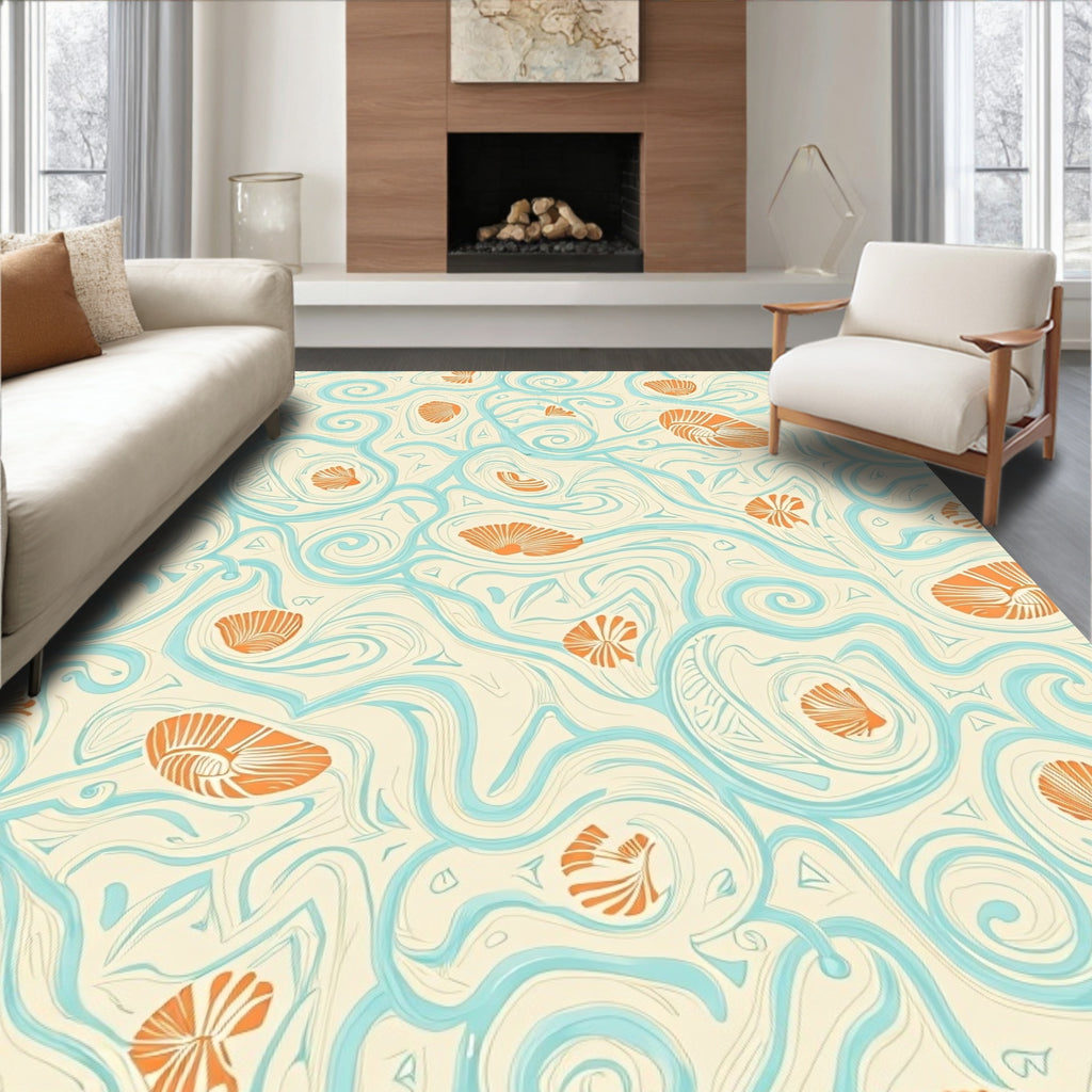 Cream Aqua Orange Seashell Swirls Rug