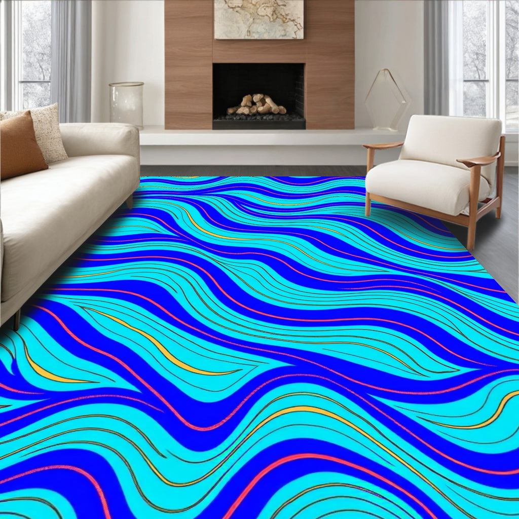 Vibrant Blue Aqua Wavy Lines Rug