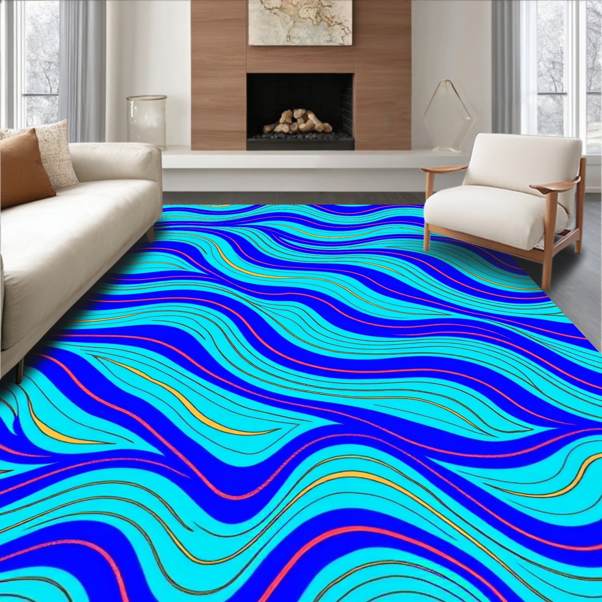 Vibrant Blue Aqua Wavy Lines Rug