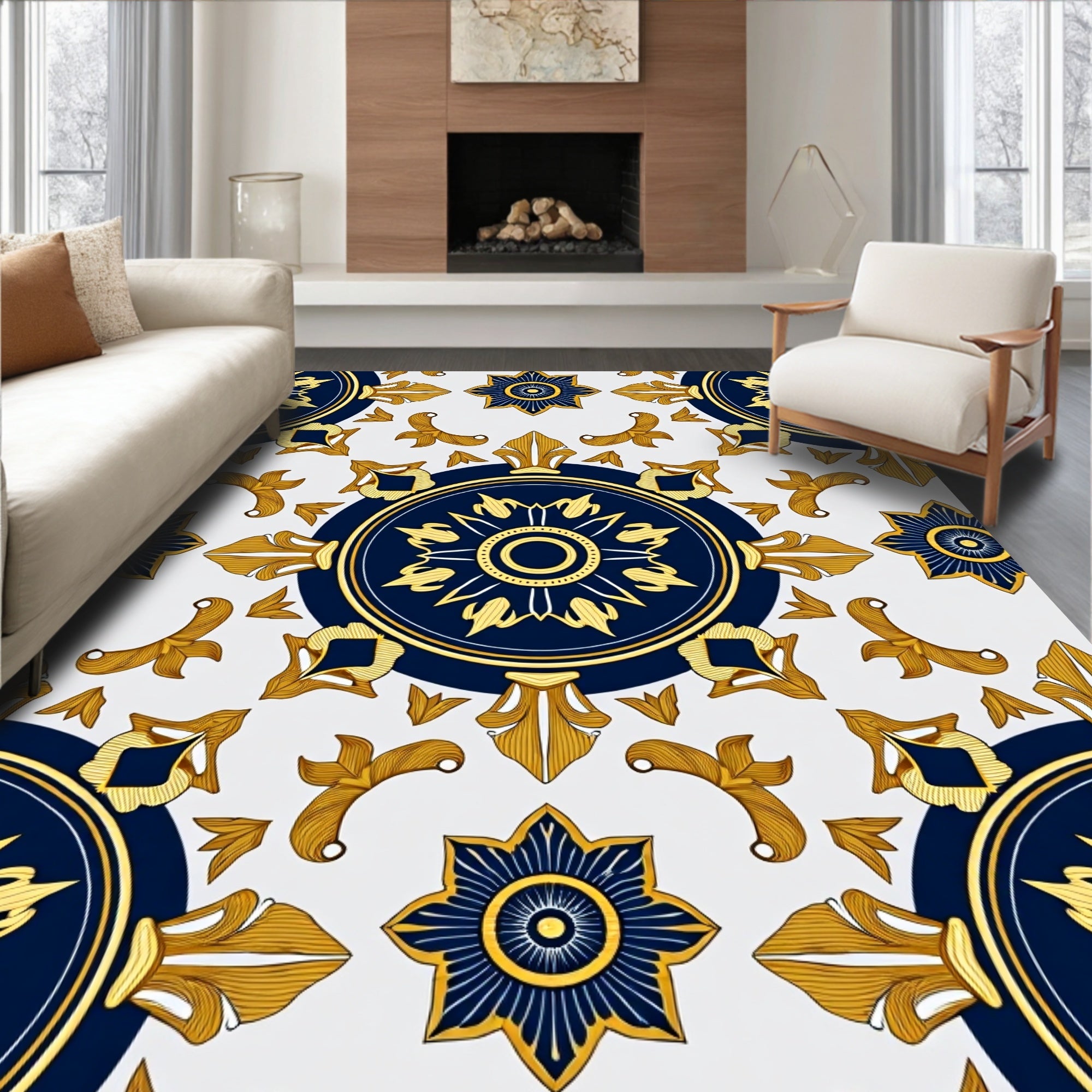 Royal Blue Gold Medallion Floral Rug