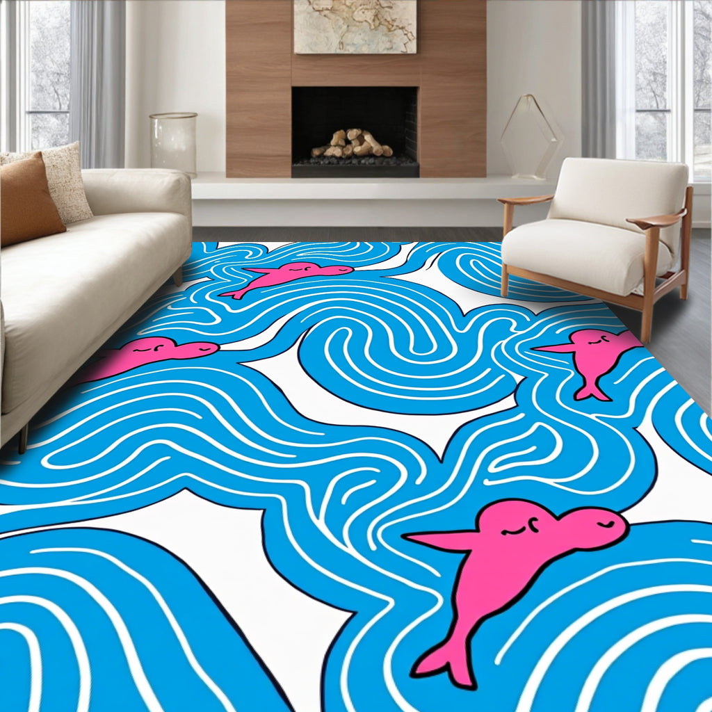 Pink Dolphins Blue Waves Rug