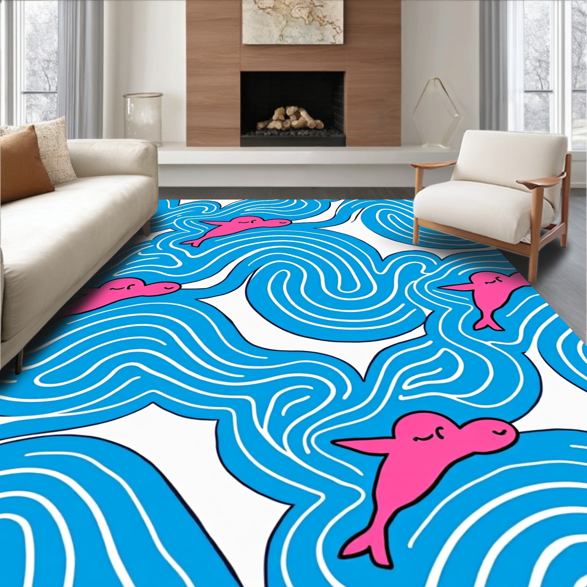 Pink Dolphins Blue Waves Rug