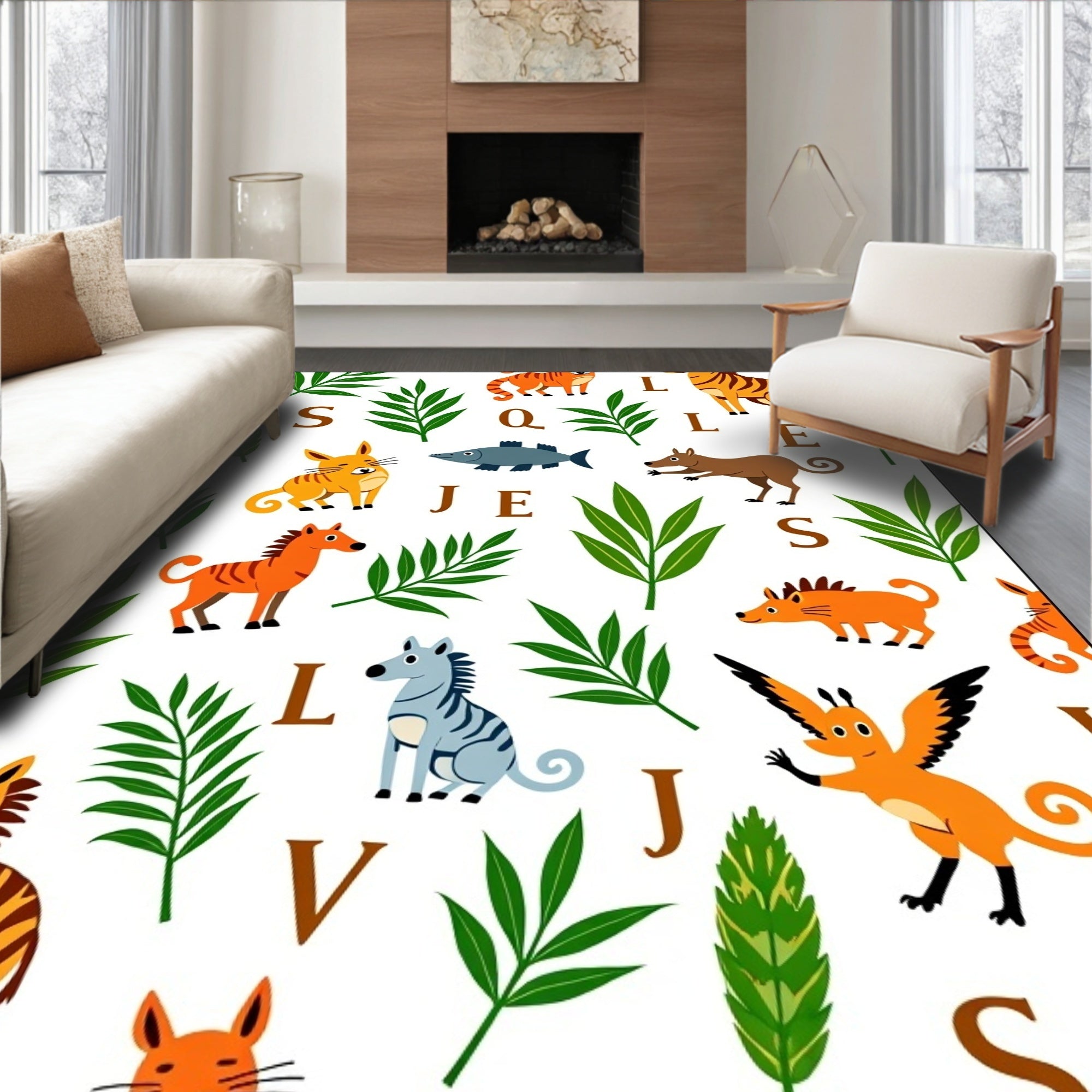 Whimsical Jungle Animals Alphabet Collage Rug