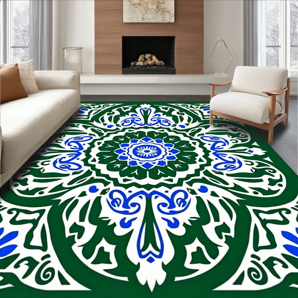 Emerald Green Blue Floral Medallion Rug