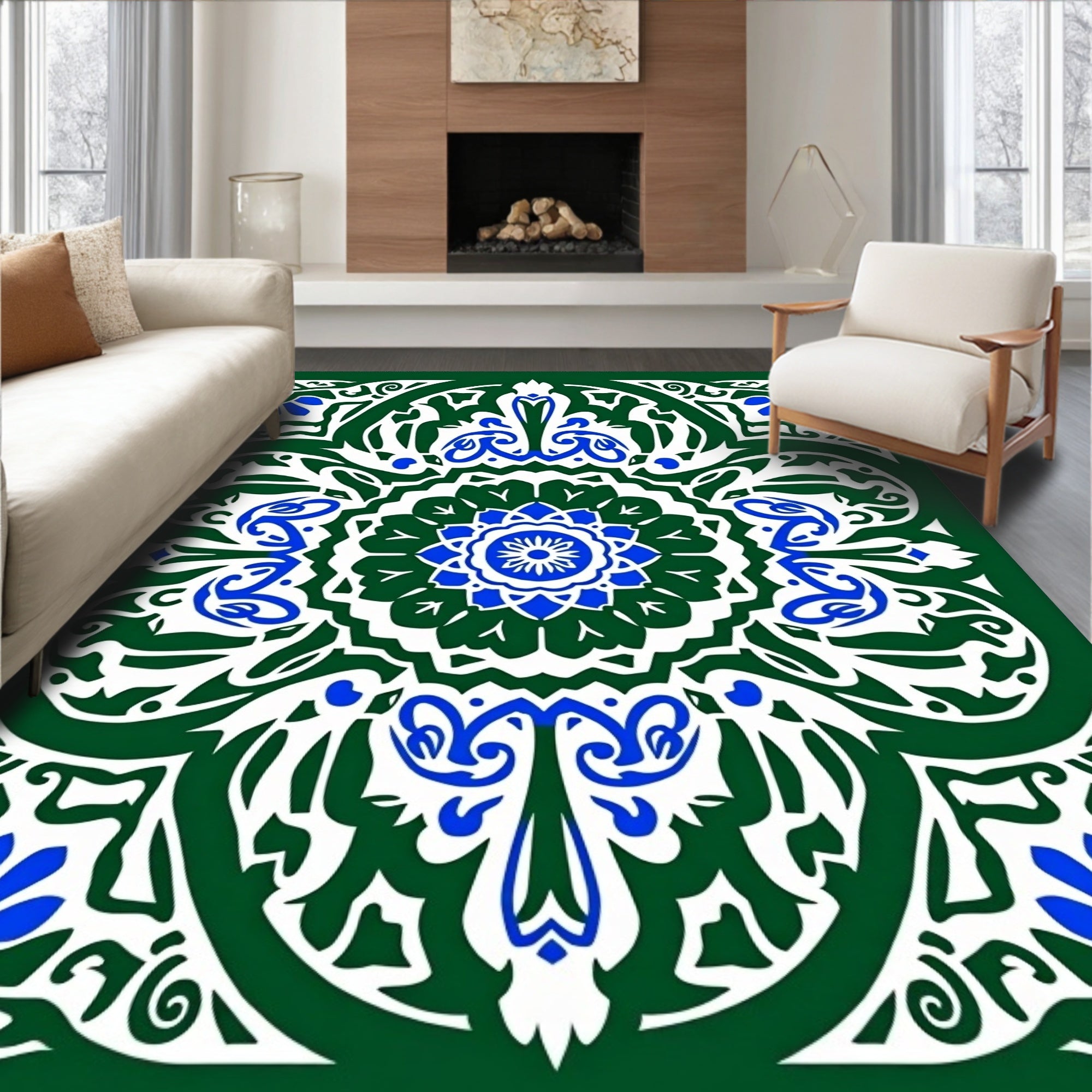 Emerald Green Blue Floral Medallion Rug