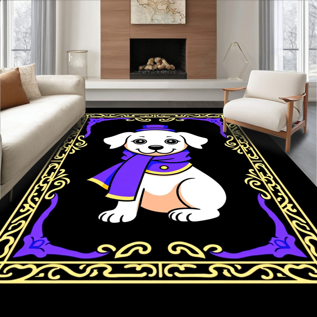 Pup in purple top hat scarf frame Rug