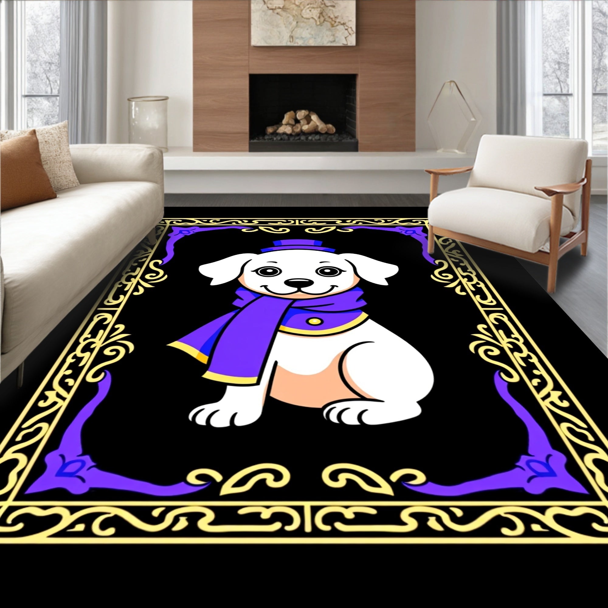 Pup in purple top hat scarf frame Rug