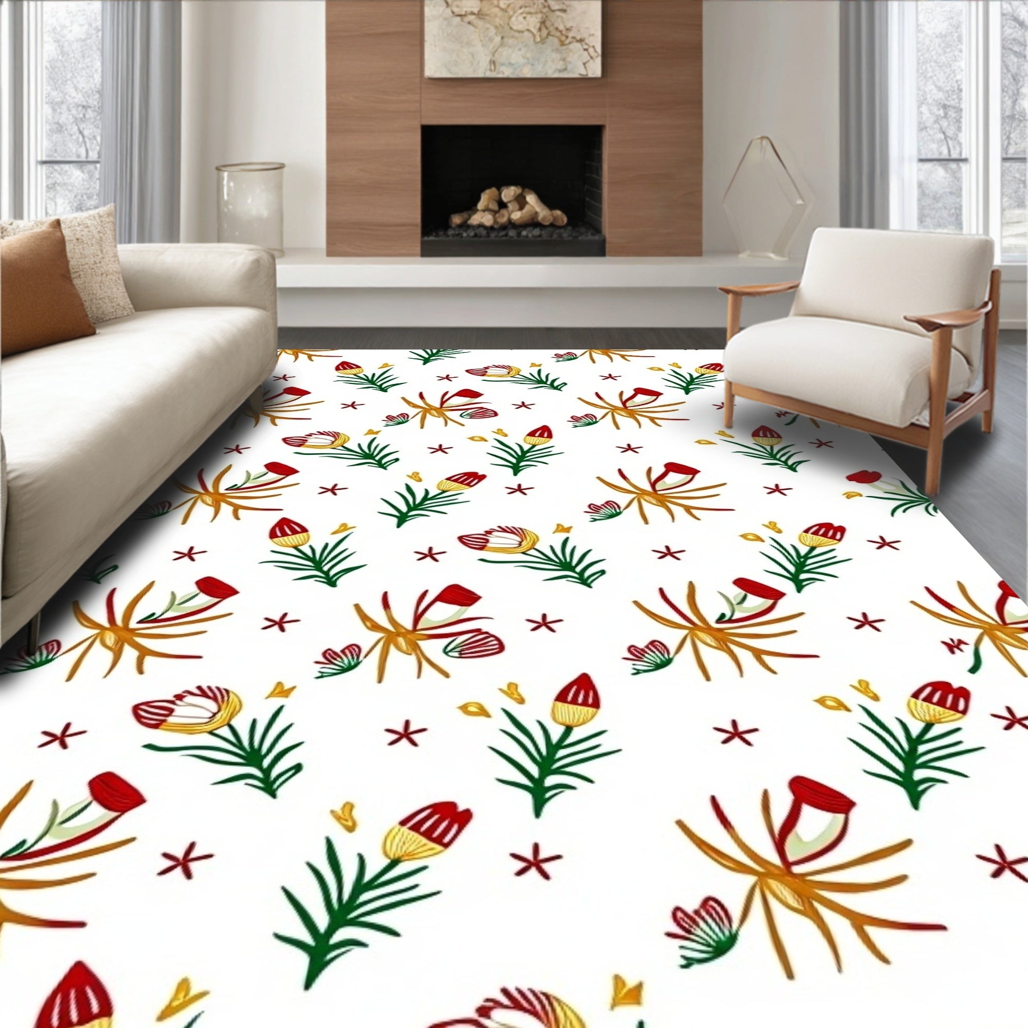 Red Cream Yellow Floral Garden Rug
