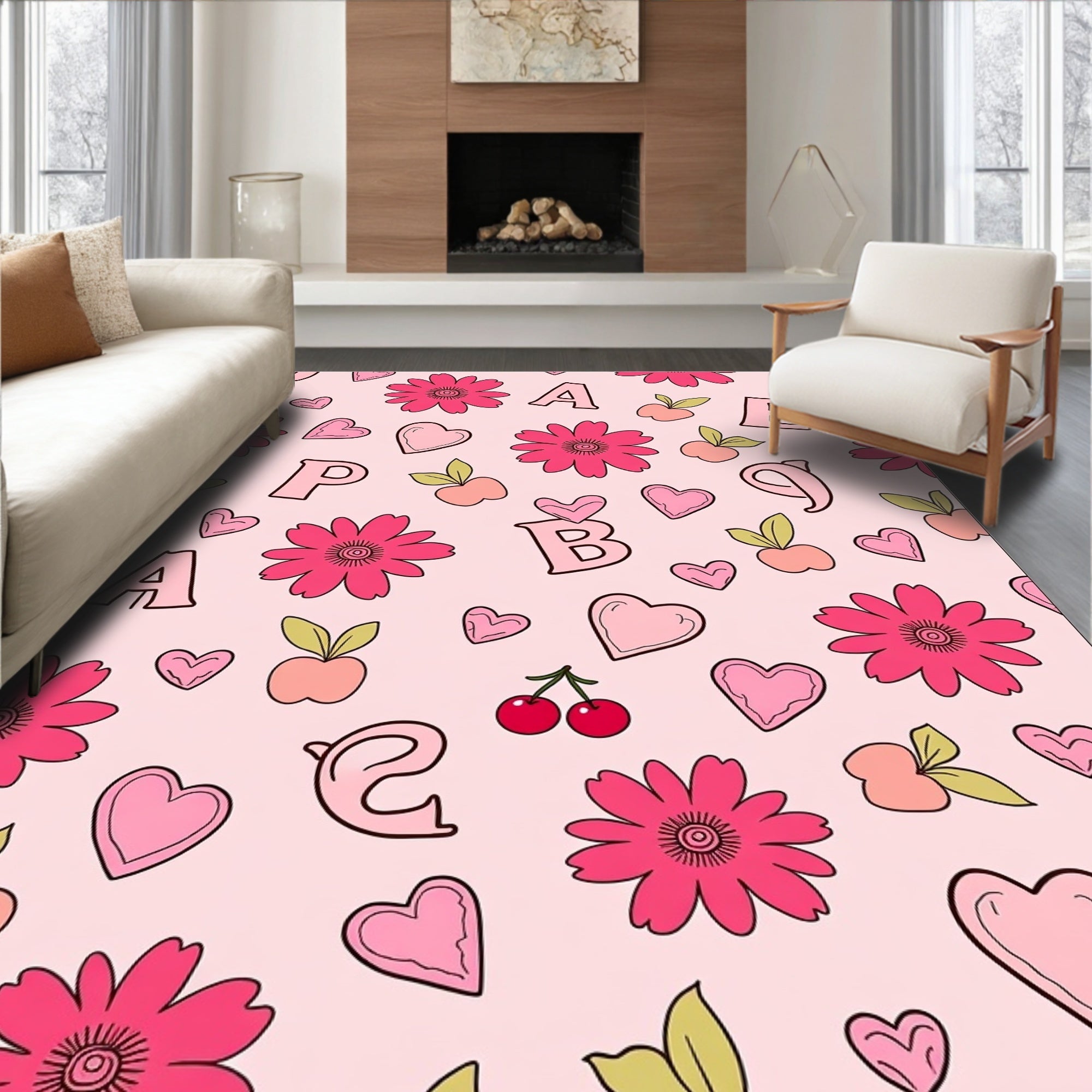 Pink Girly Alphabet Floral Heart Cherries Rug