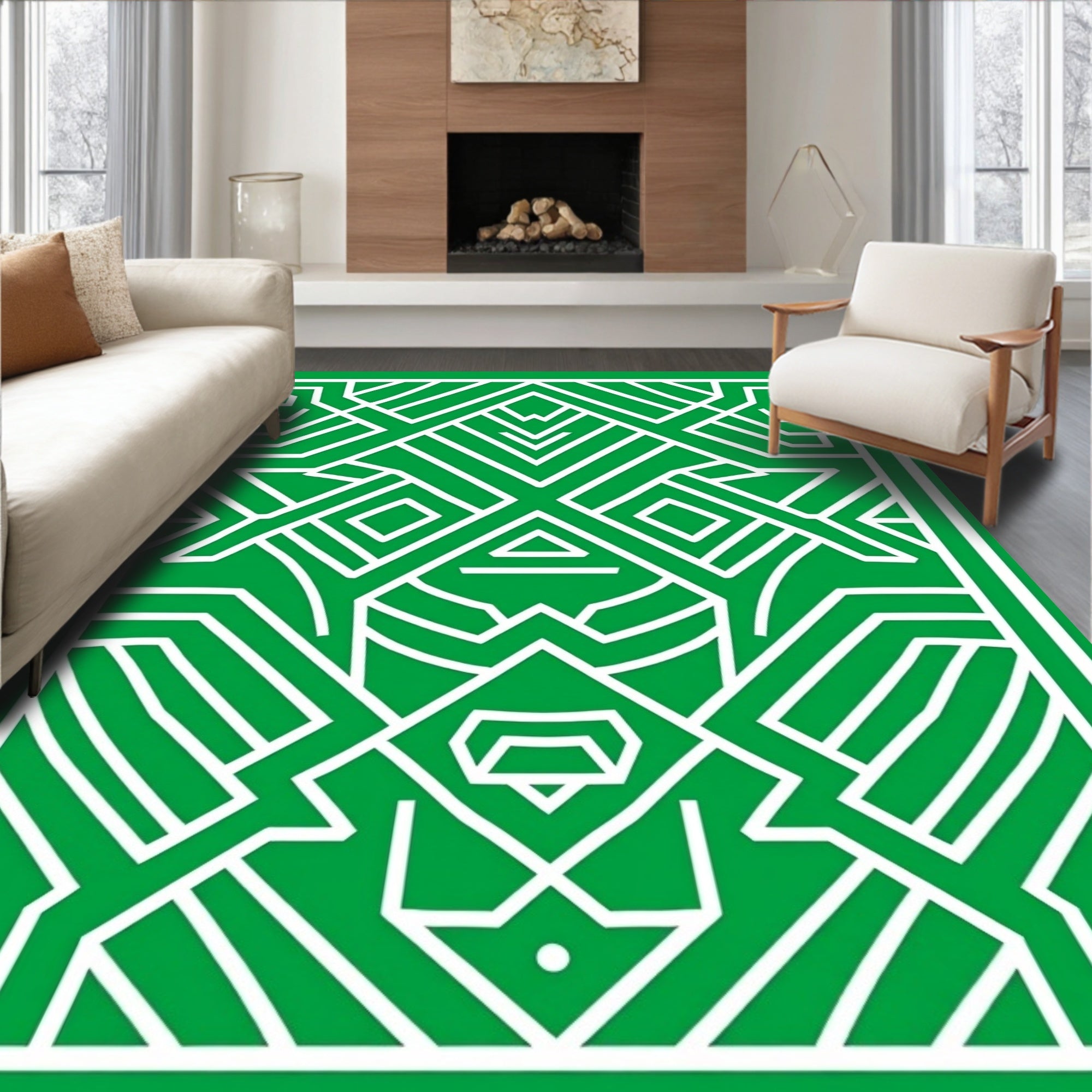 Bold Green White Linear Geometric Rug