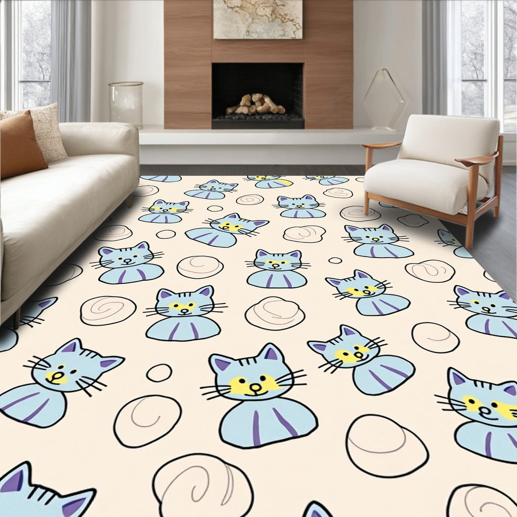 Light Blue Playful Kitties Swirling Shapes Rug