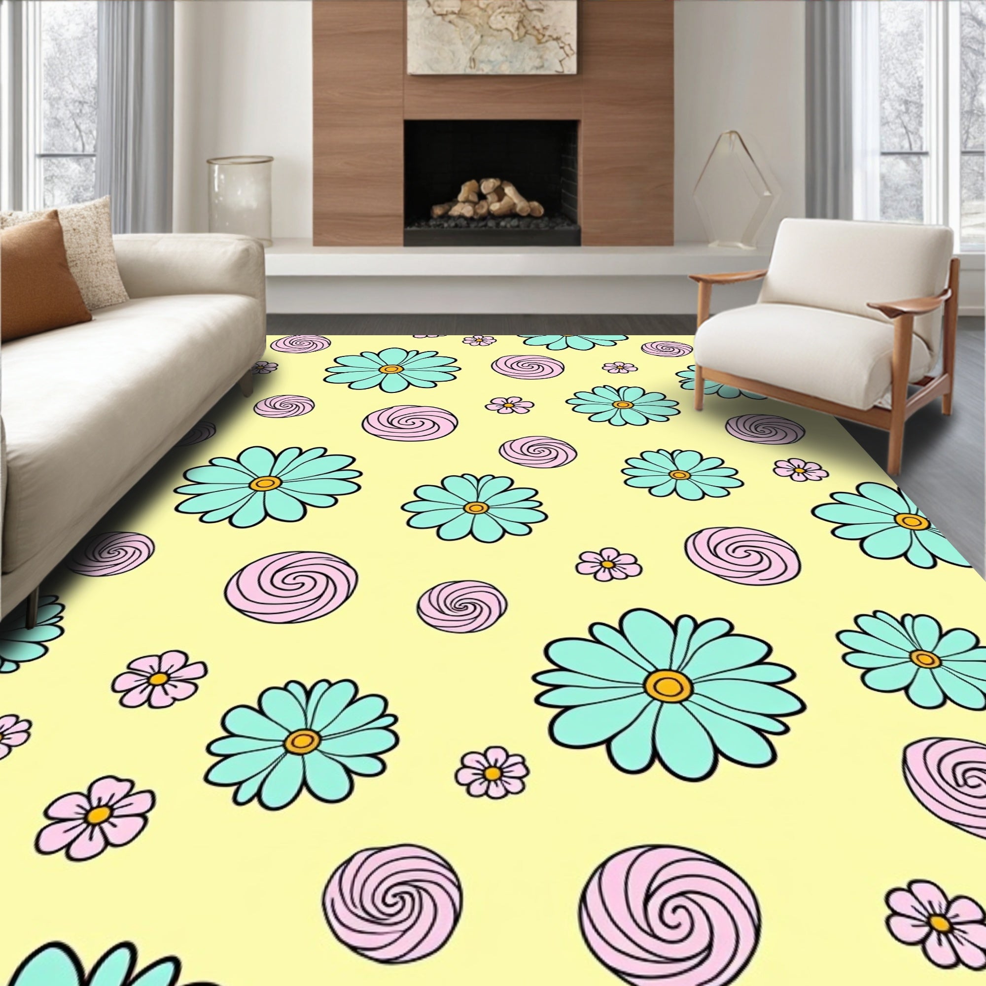 Aqua Pink Swirl Daisy Meadow Rug