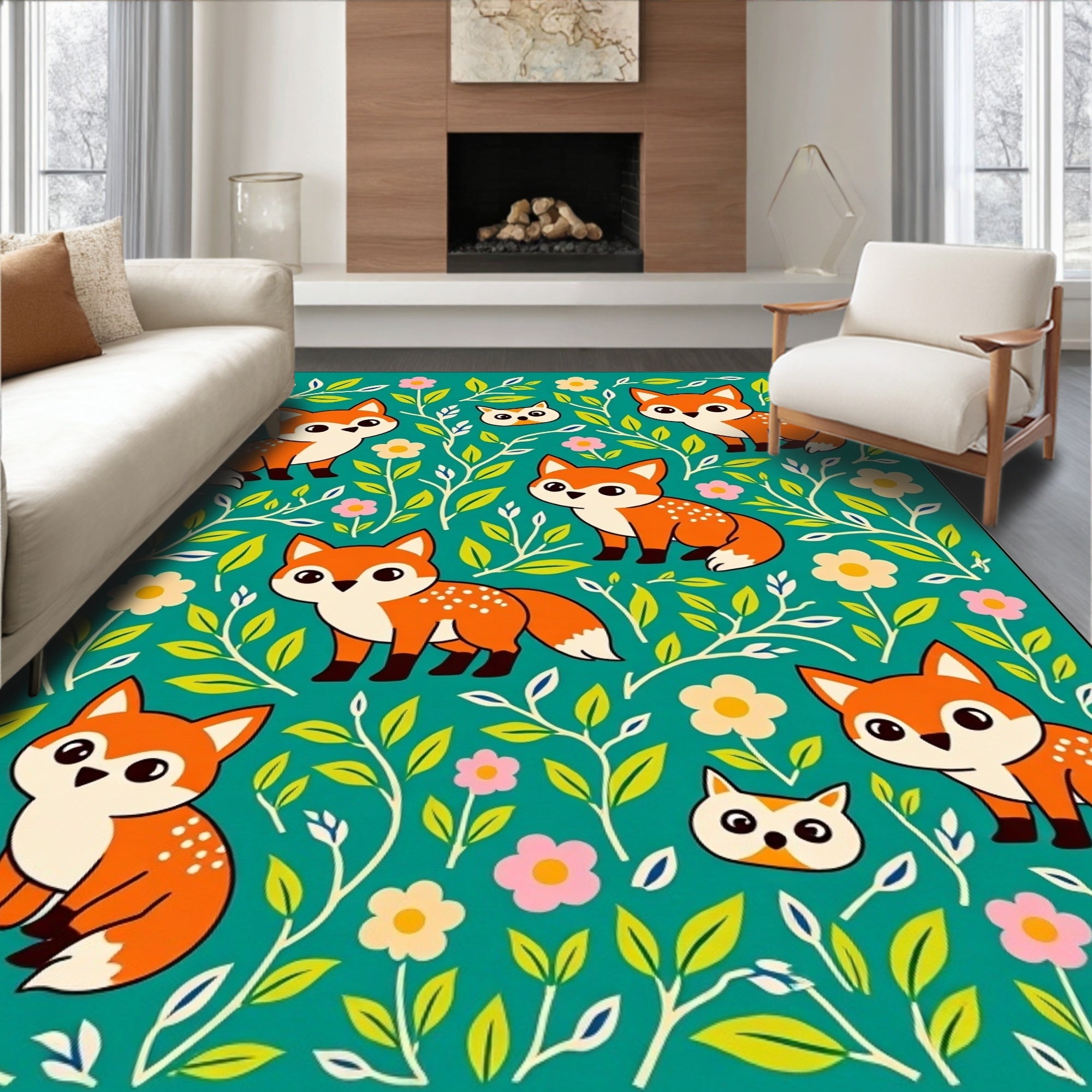 Teal Fox Foliage Whimsical Charm Rug