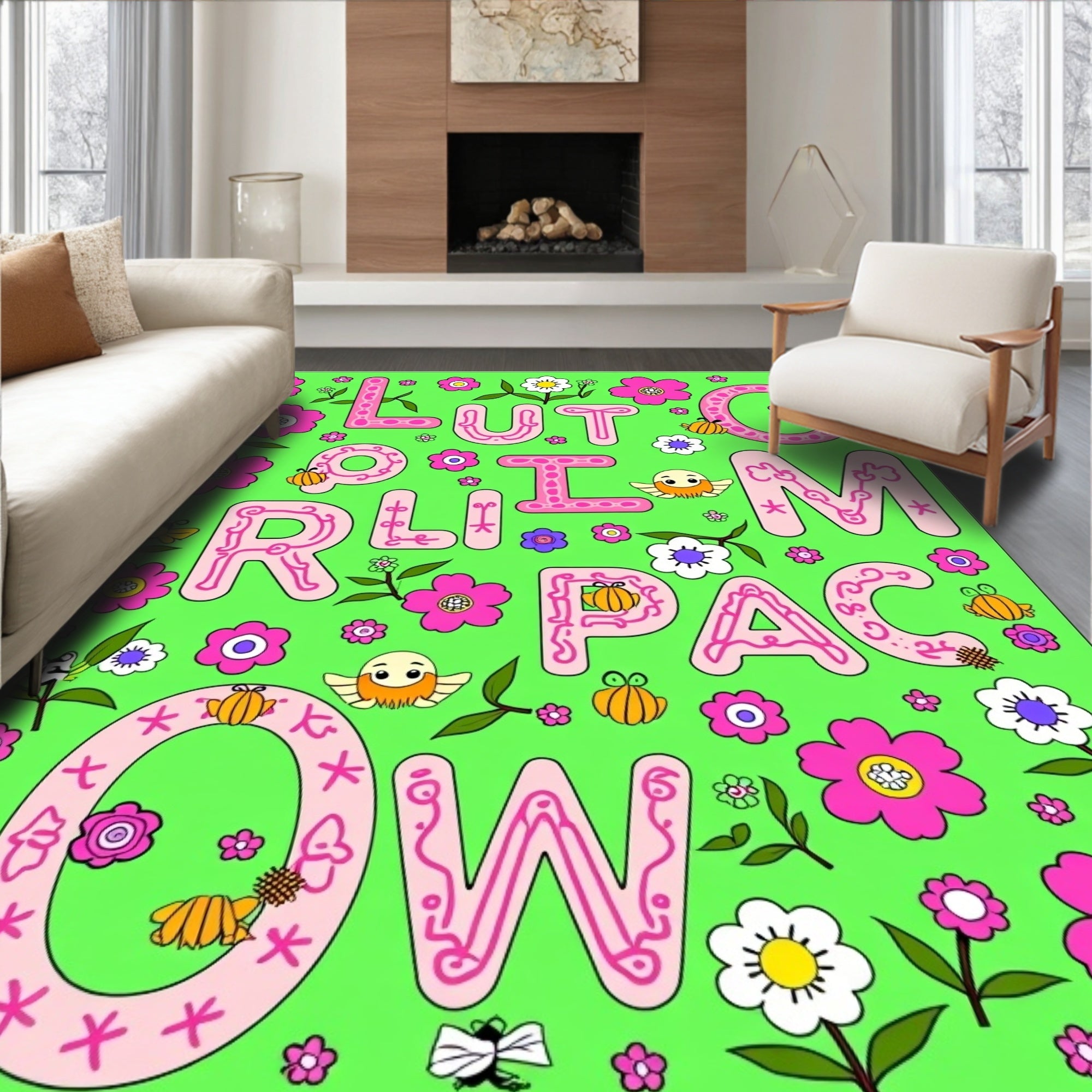 Pink Floral Alphabet Collage Rug