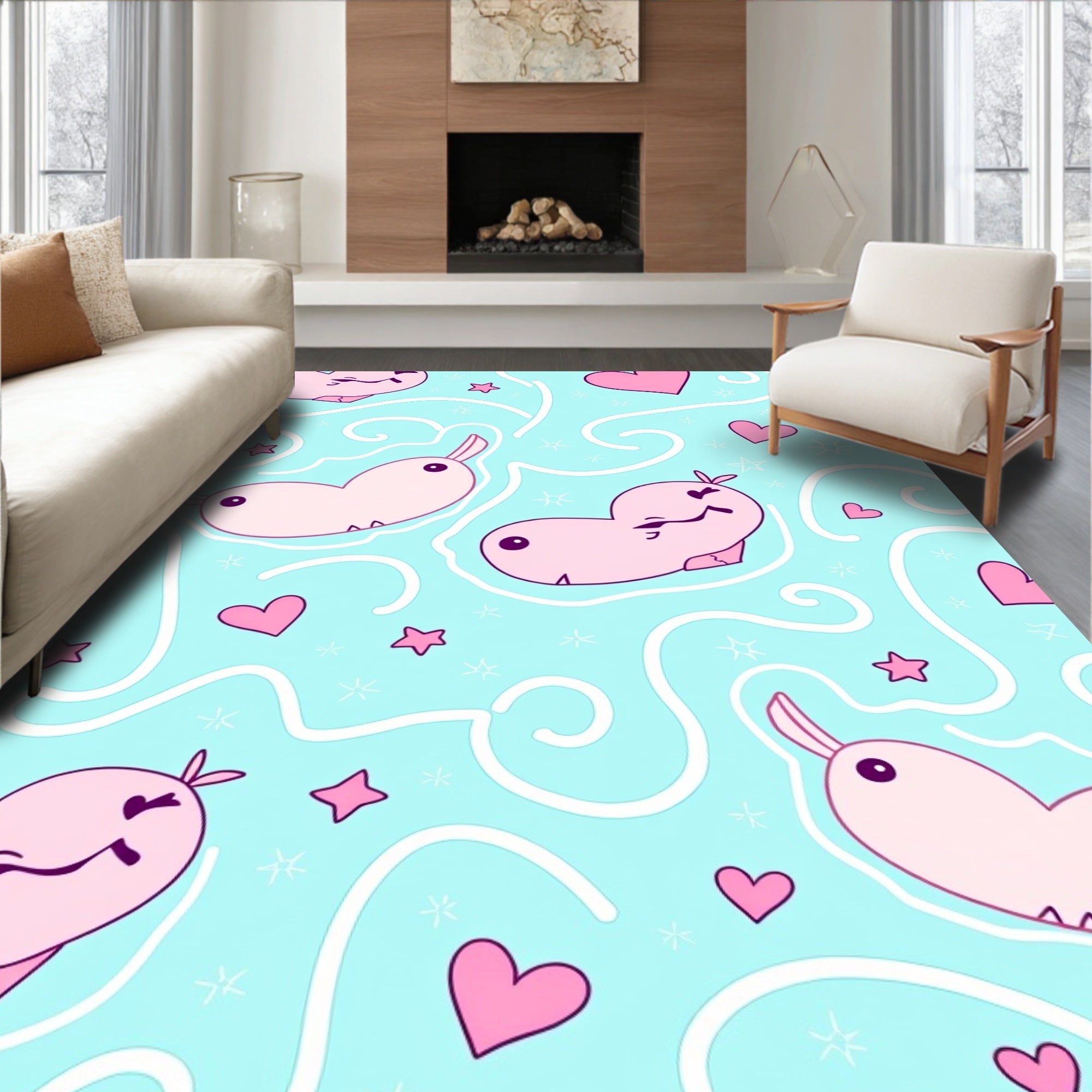 Whimsical Pink Hippo Hearts Stars Rug