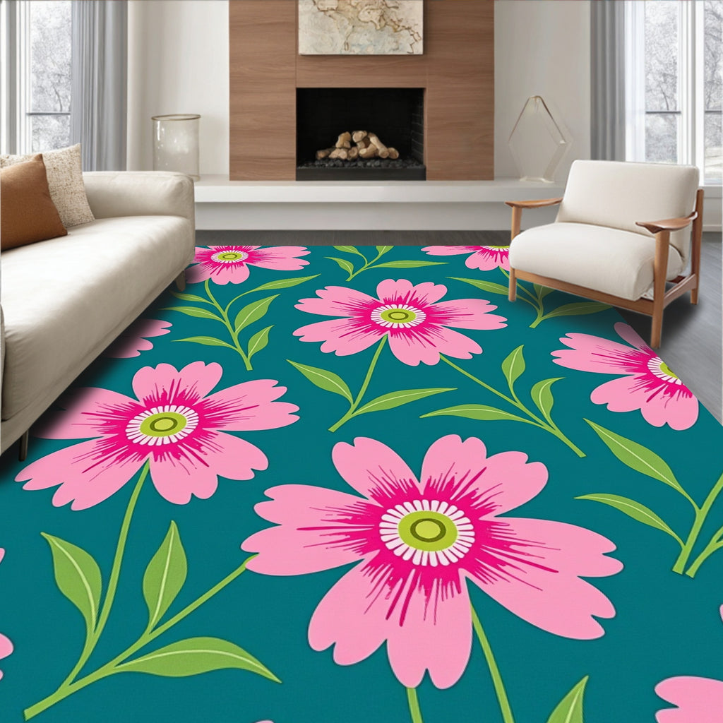 Pink Daisy Garden Teal Rug