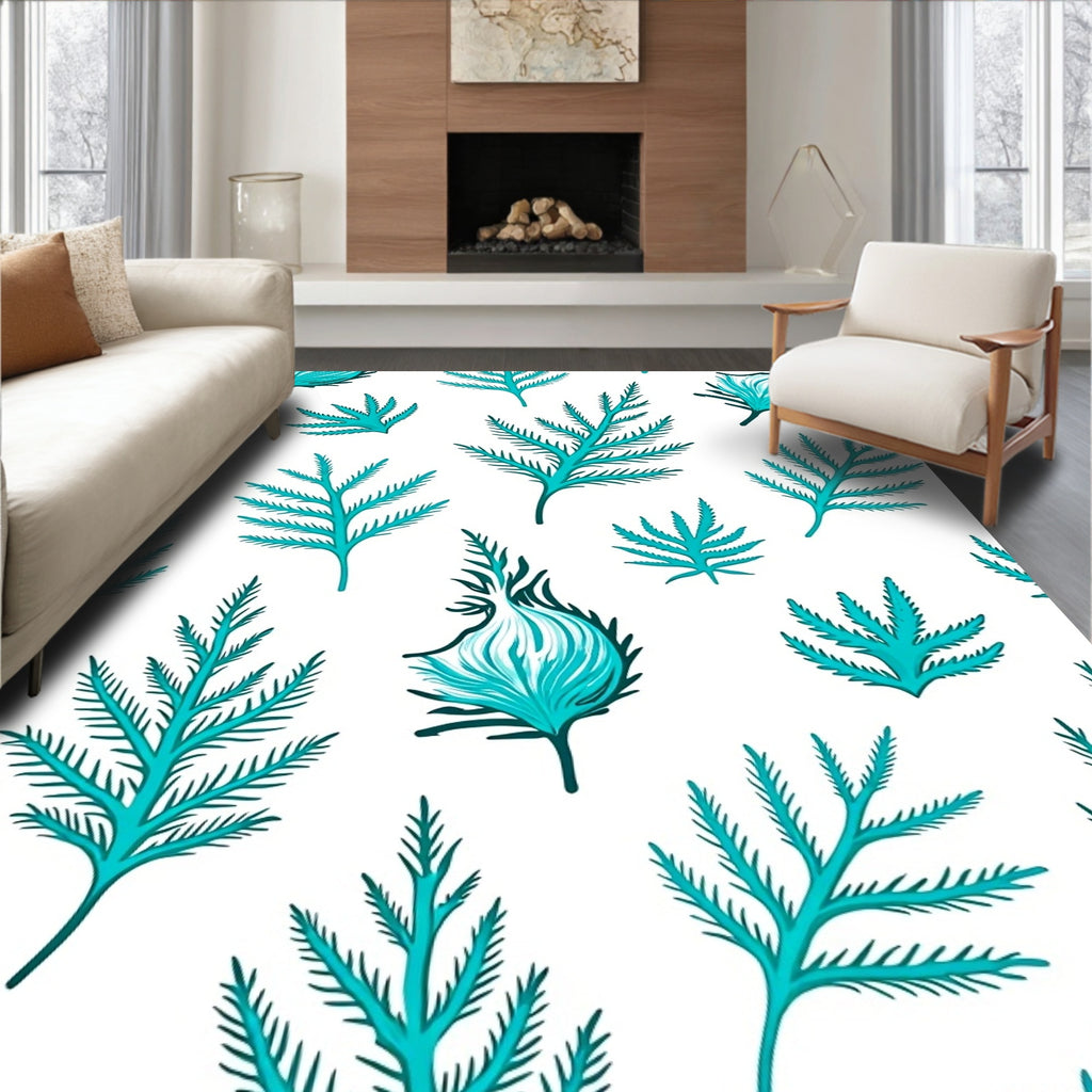 Teal Feather Fern Organic Arrangement Rug