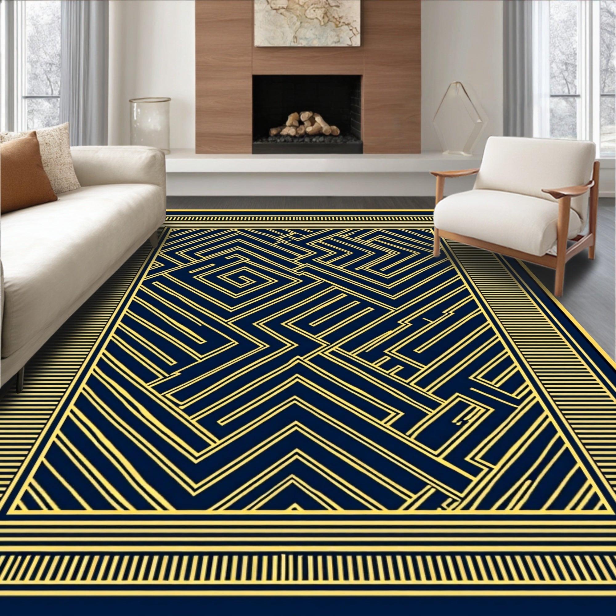 Deep Blue Golden Maze Frame Rug