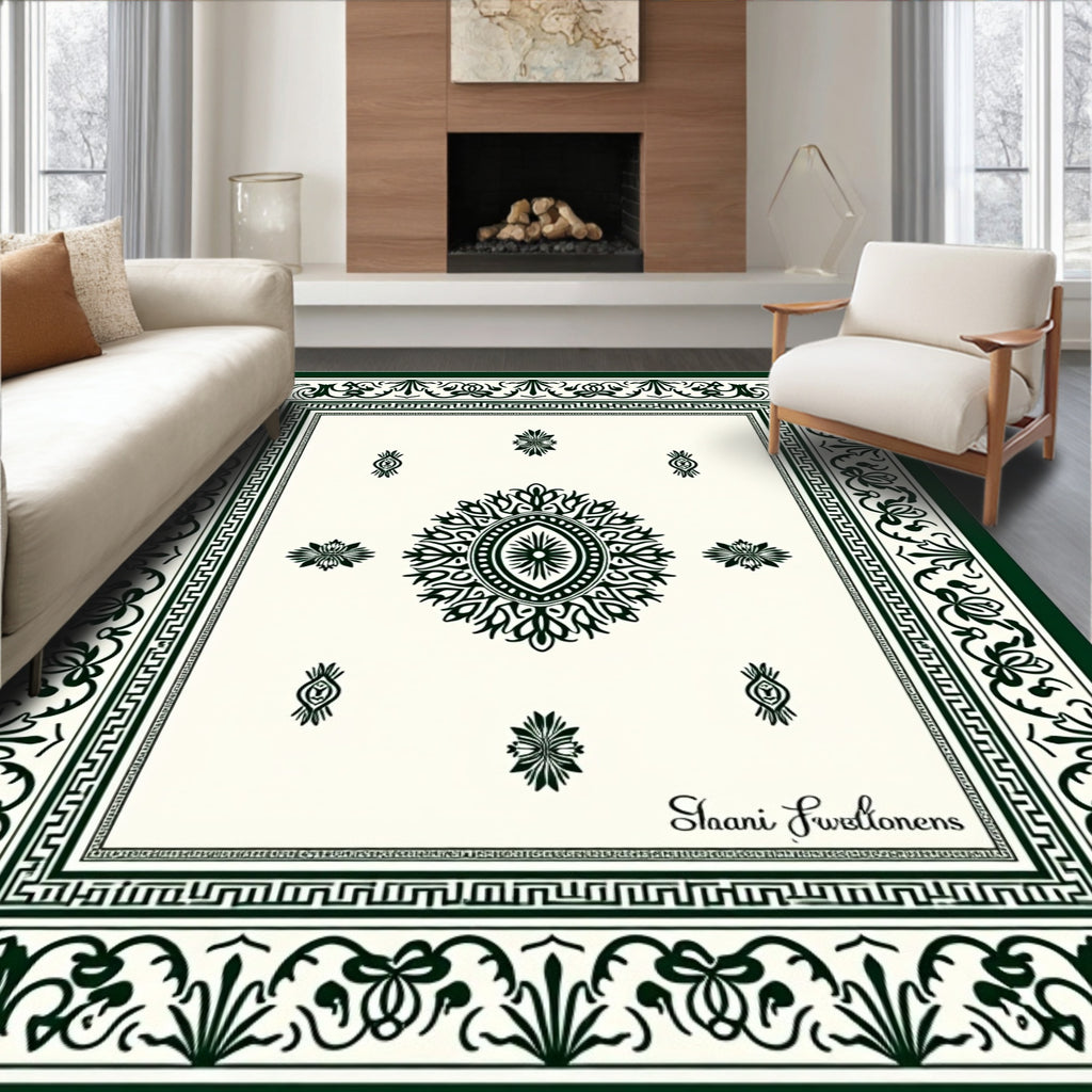 Emerald Green Floral Medallion Traditional Rug