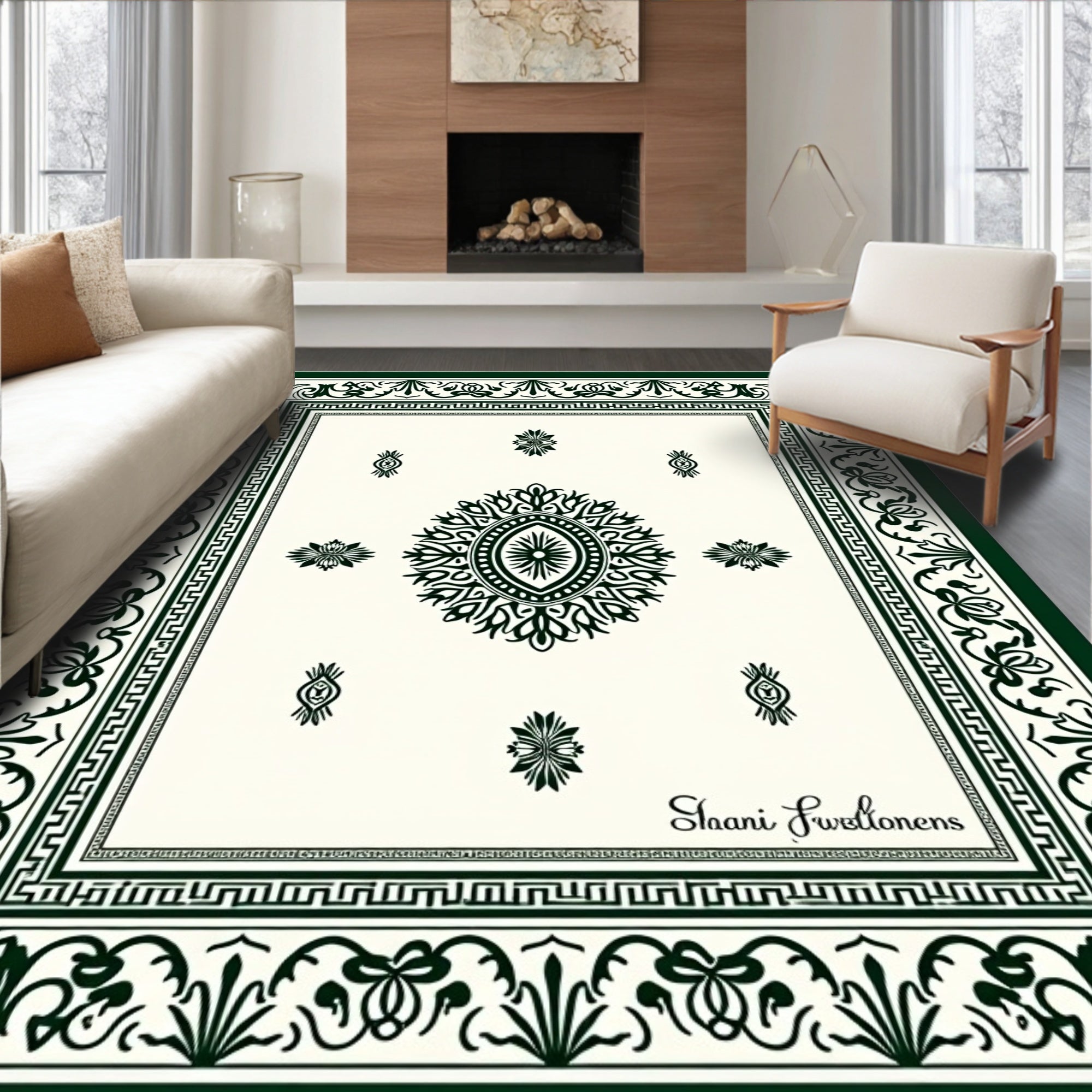 Emerald Green Floral Medallion Traditional Rug