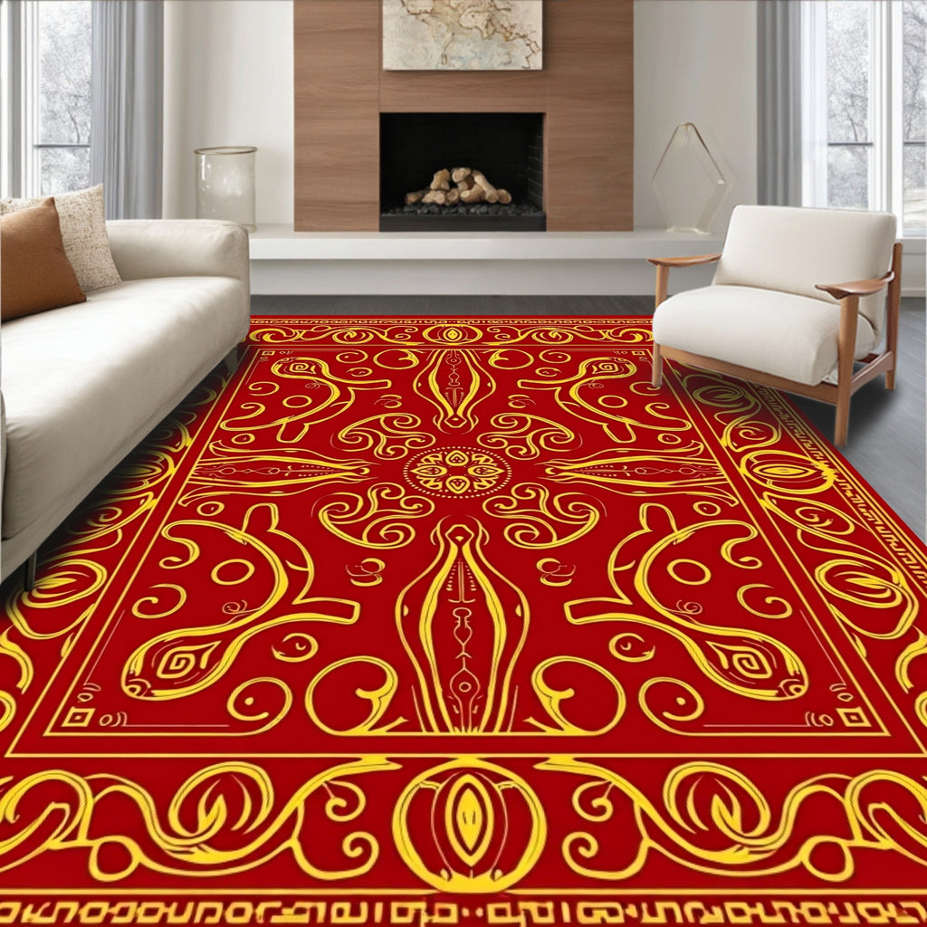 Crimson Gold Ornate Mandala Rug