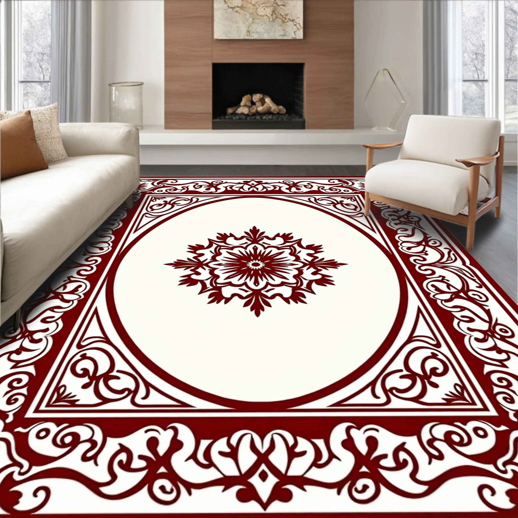 Deep Red Floral Oval Traditional Rug