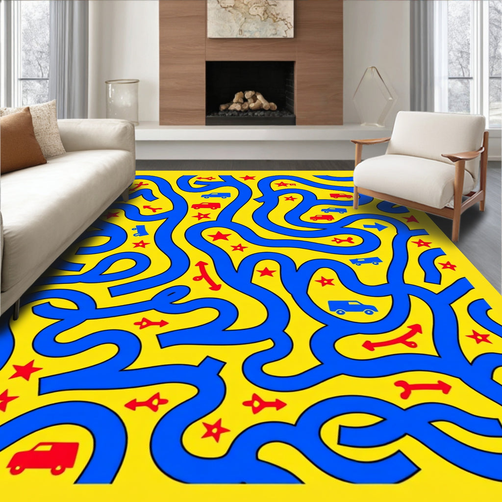 Bright Yellow Blue Car Maze Rug