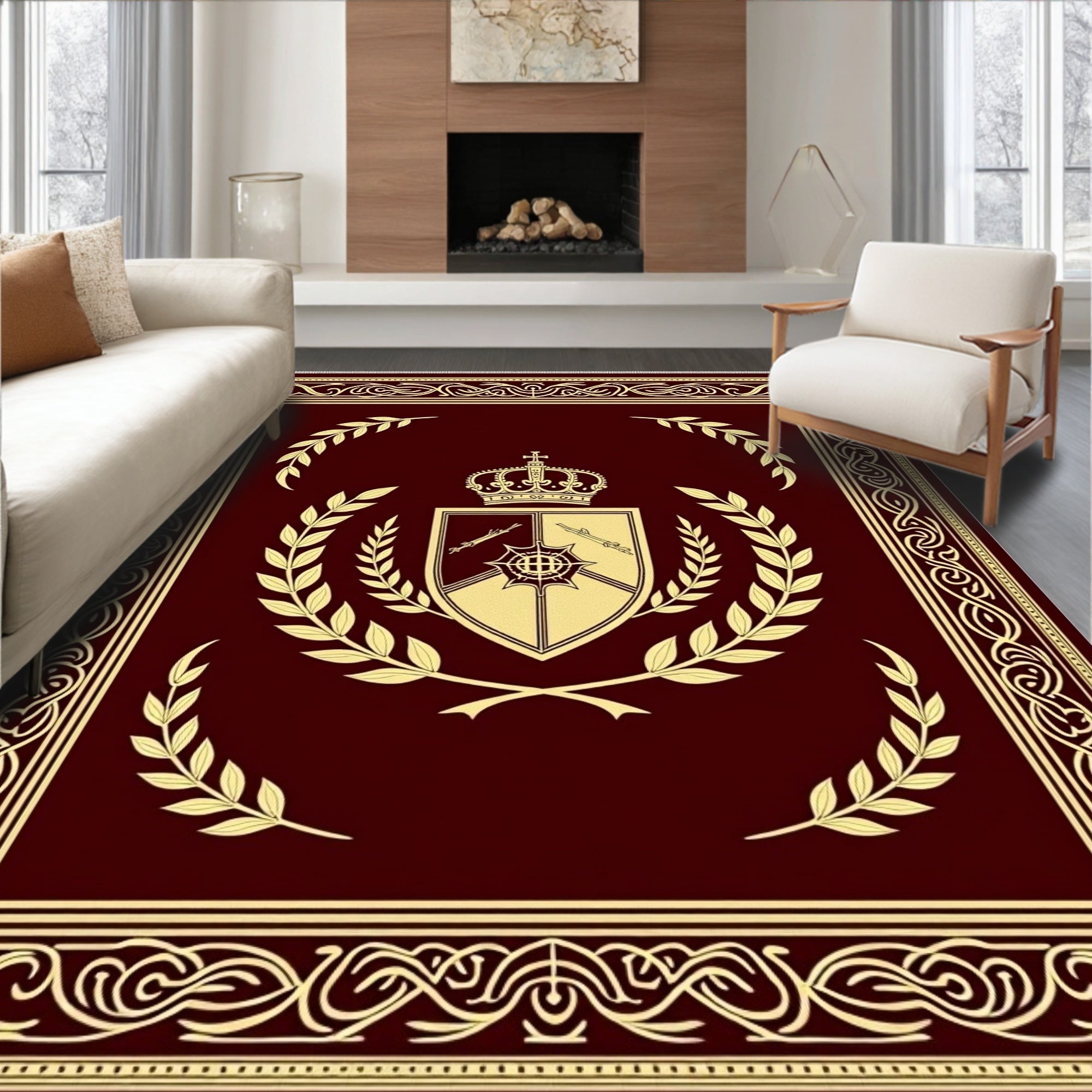 Regal Maroon Crest Laurel Wreath Rug