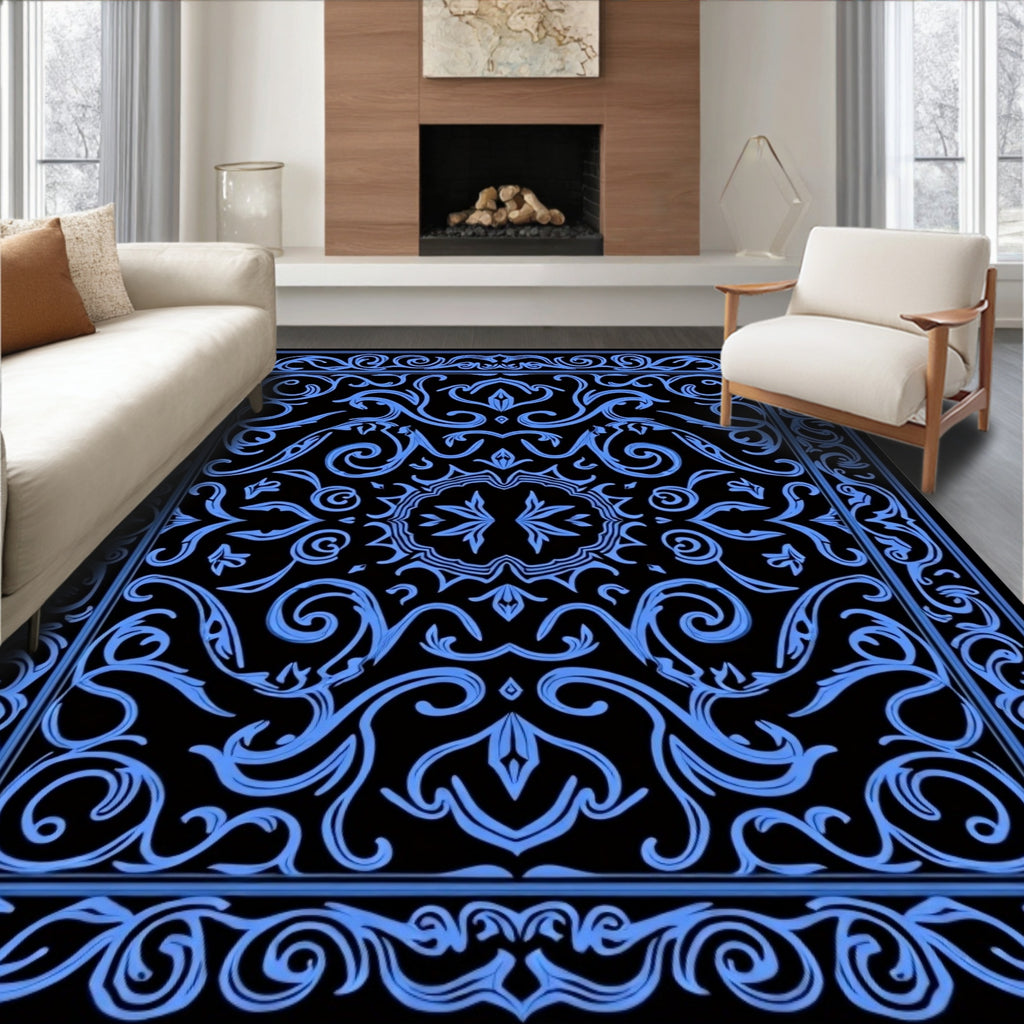 Classic Blue Scrollwork Floral Medallion Rug