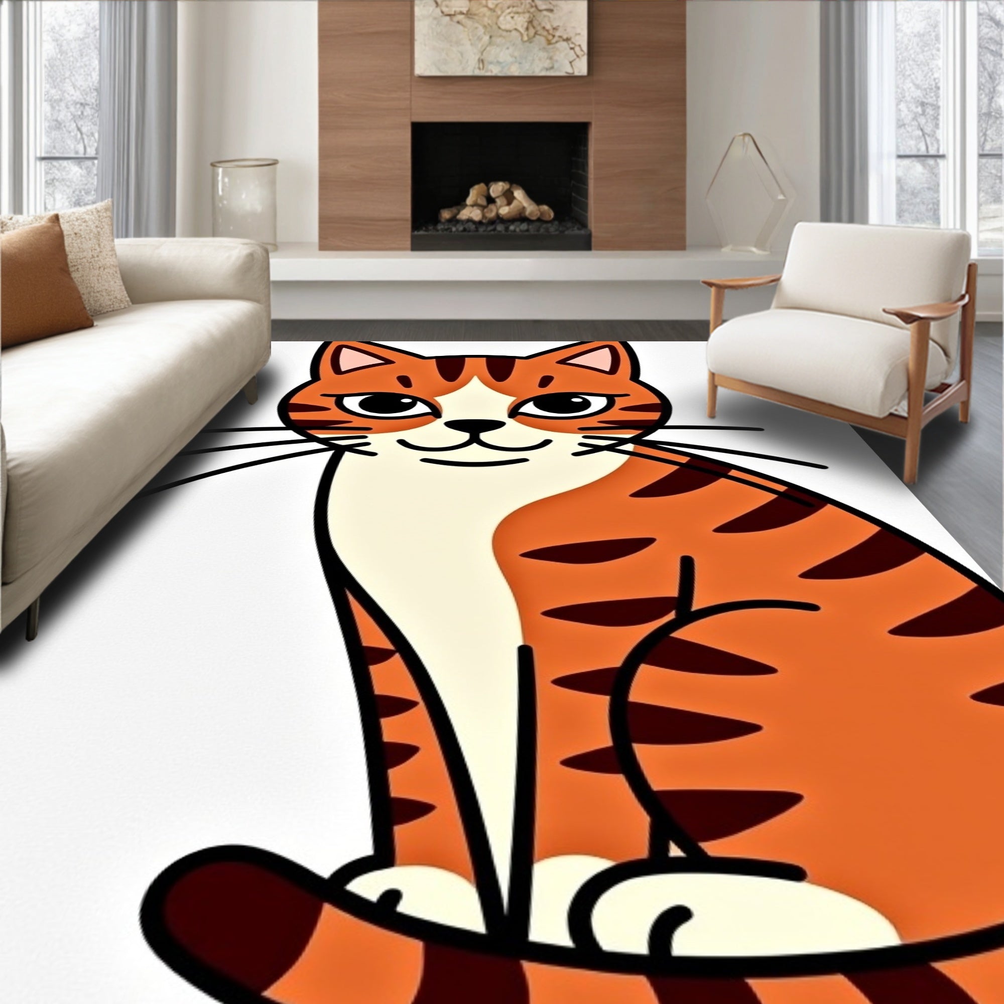 Whimsical Orange Tabby Cat Illustration Rug