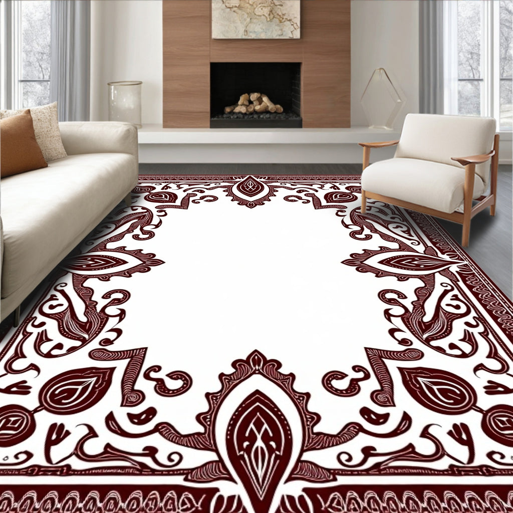Deep Red Ornamental Baroque Frame Rug