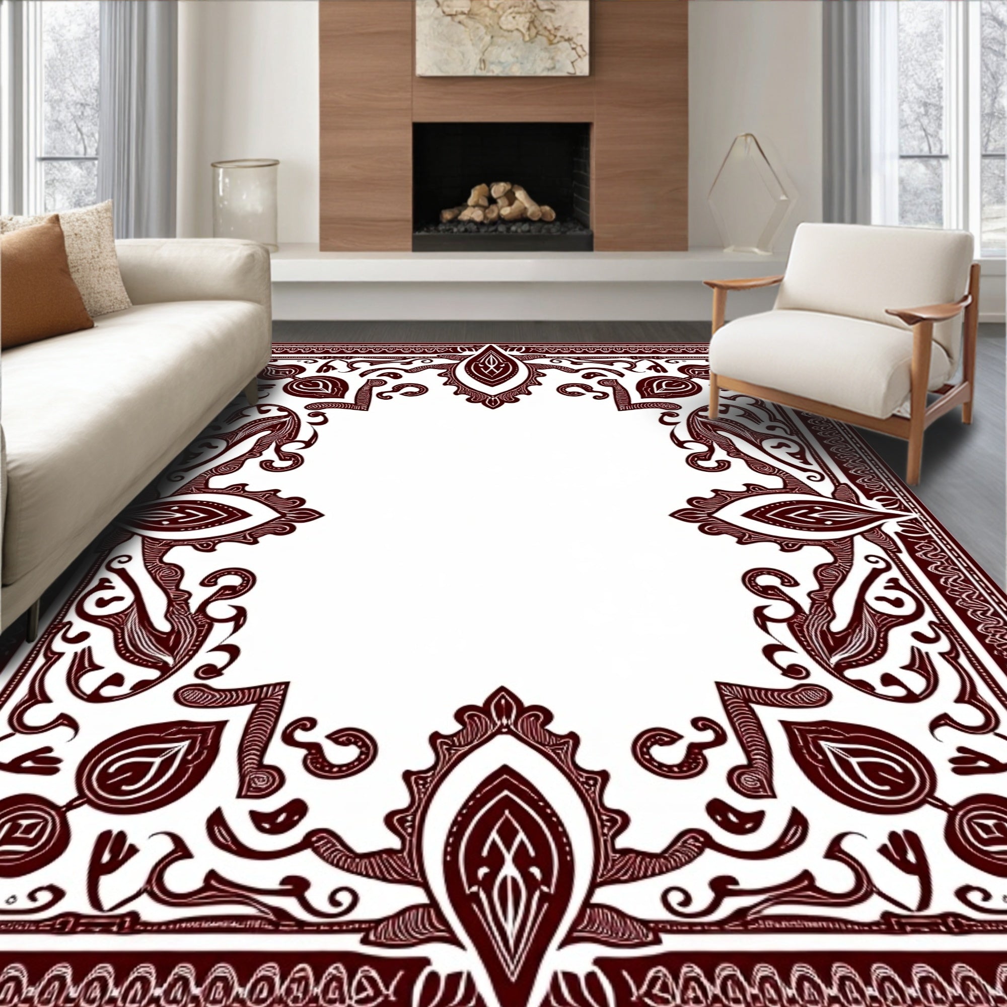 Deep Red Ornamental Baroque Frame Rug
