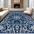 Deep Blue White Intricate Floral Medallion Rug