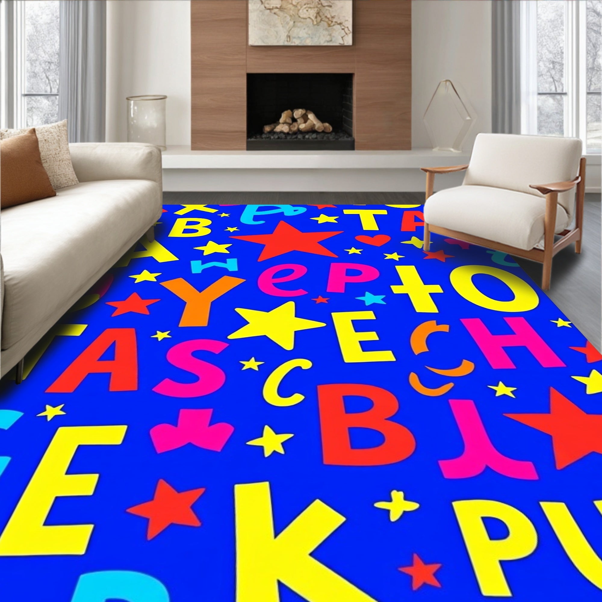 Colorful Alphabet Stars On Blue Rug