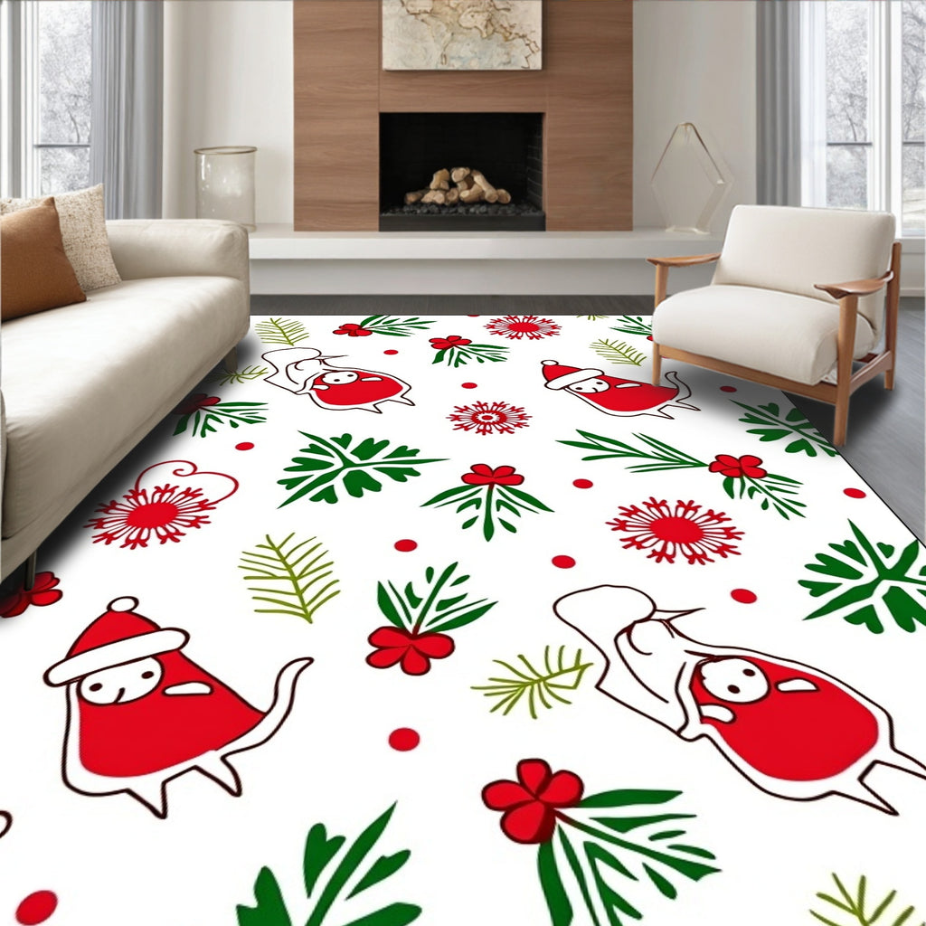 Festive Red Christmas Character Holly Snowflakes Rug
