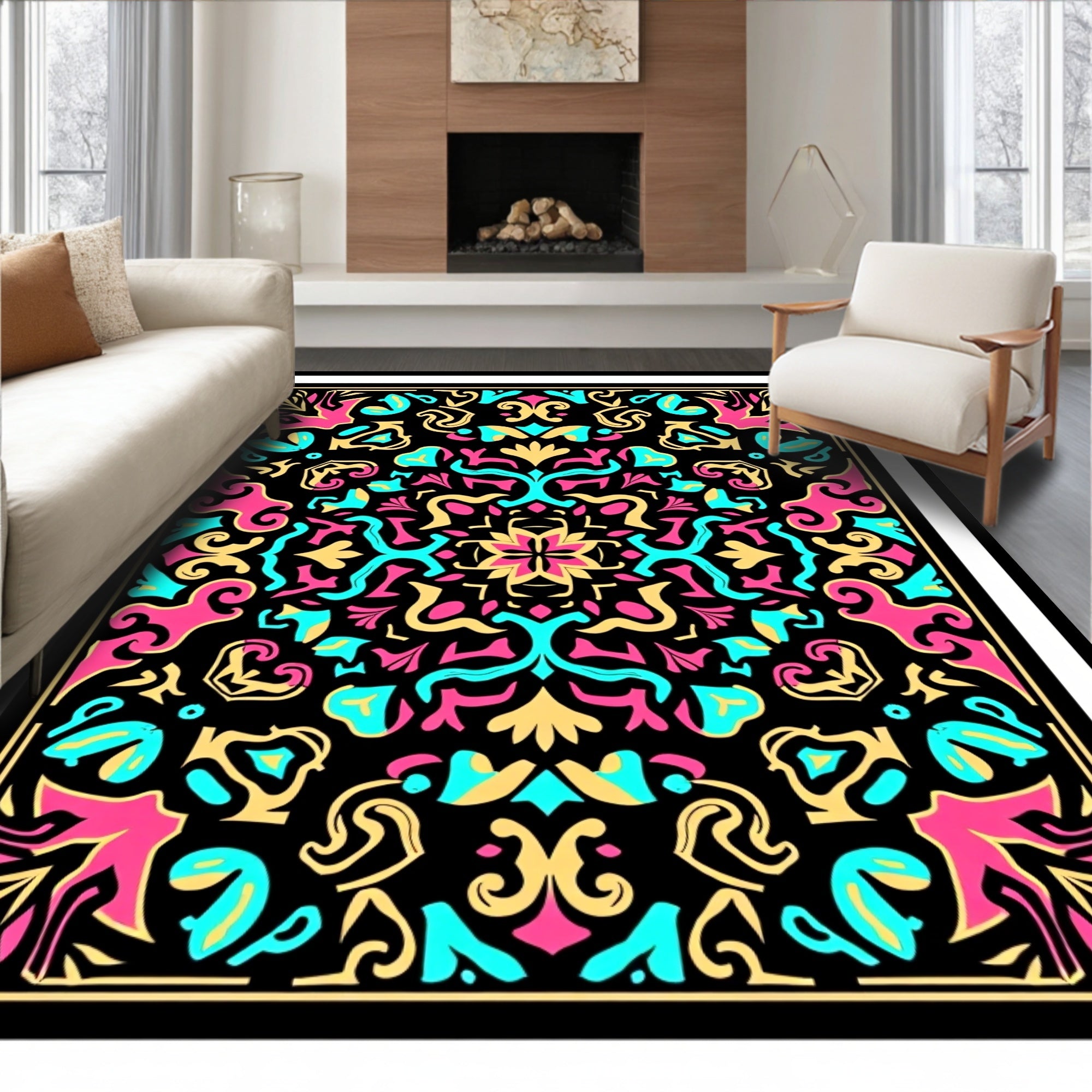 Vibrant Pink Teal Gold Mandala Rug
