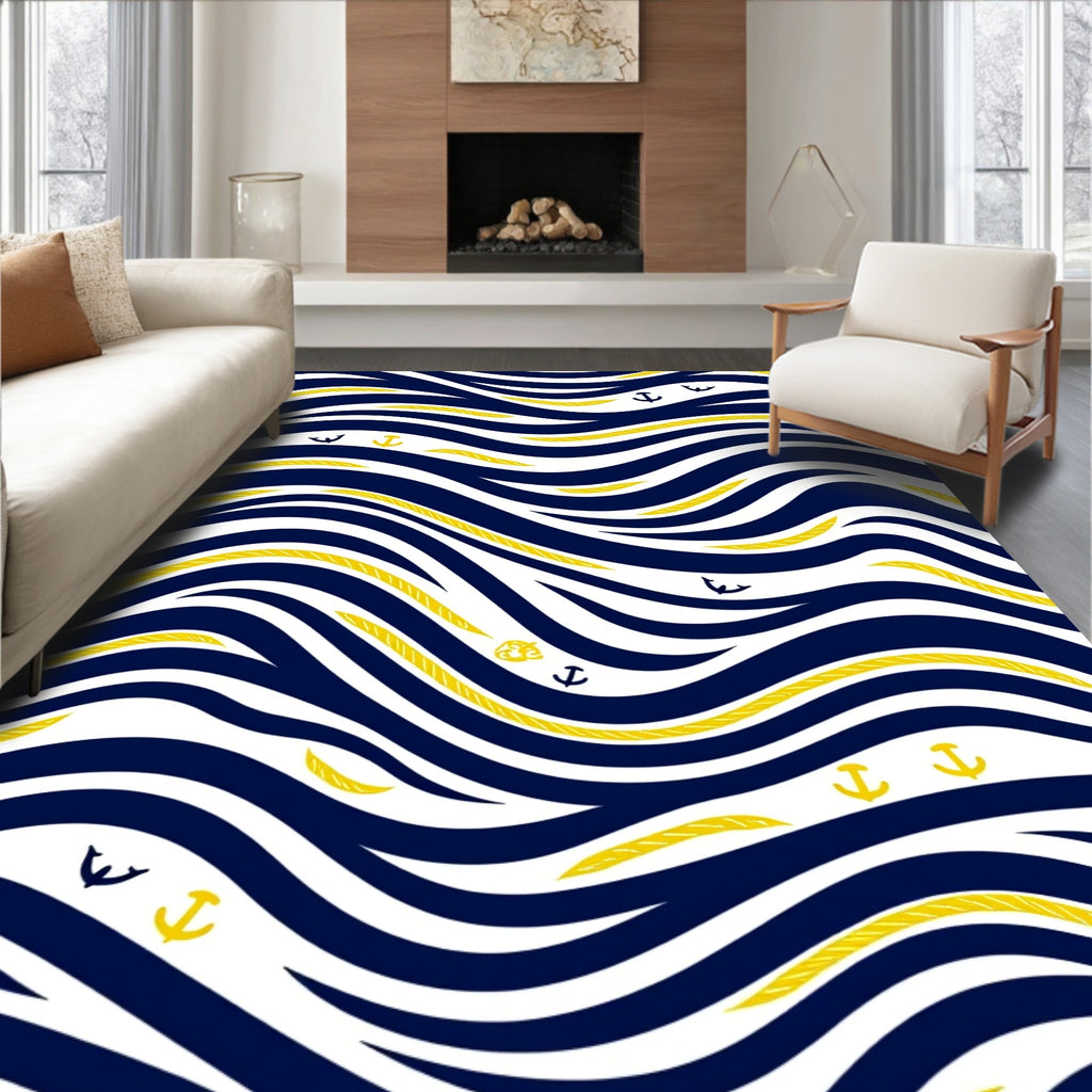 Navy Blue White Yellow Anchor Waves Rug