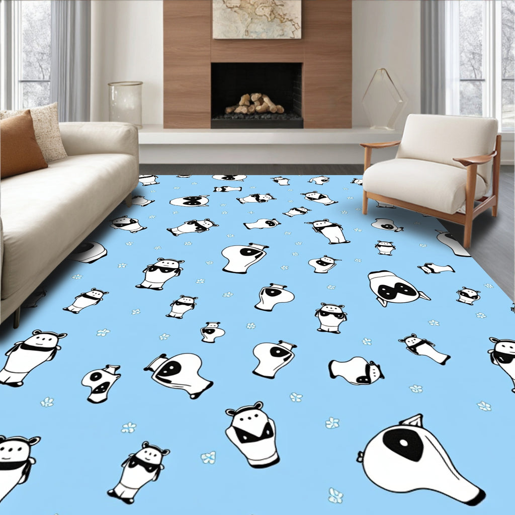 Cute Black White Panda Blue Floral Rug