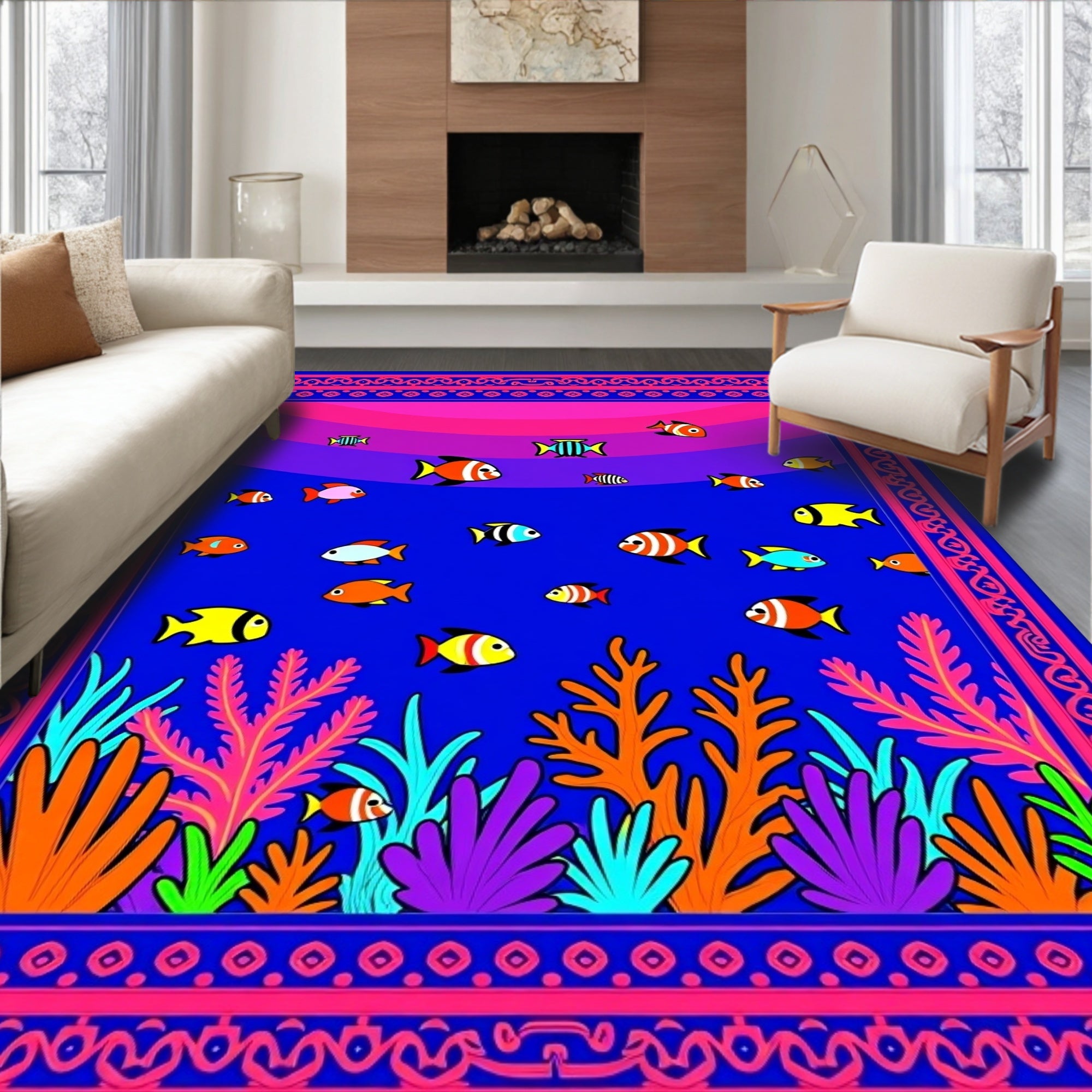 Vibrant Fish Coral Reef Border Rug